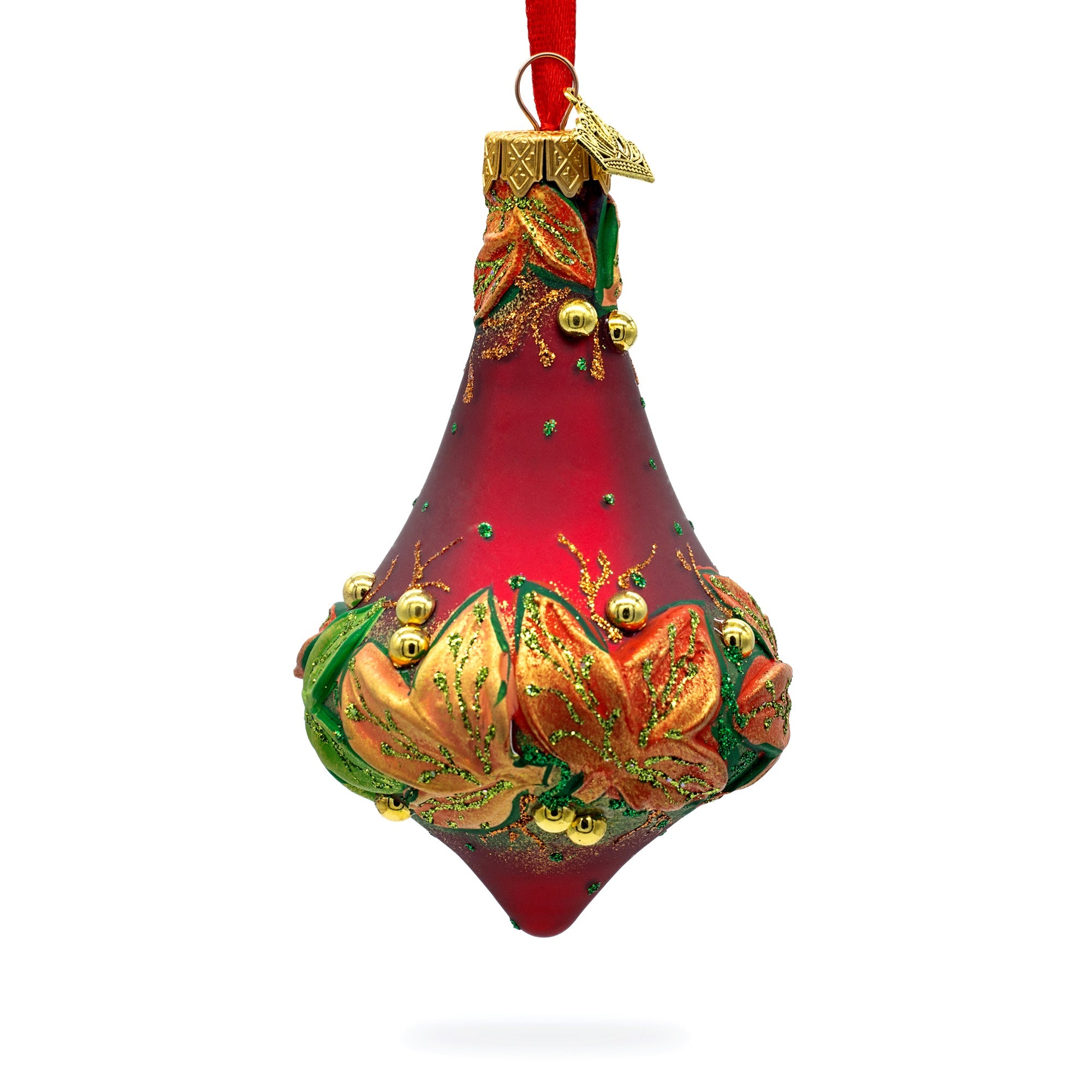 Leaves on Red Bell Shape Finial Glass Christmas Ornament