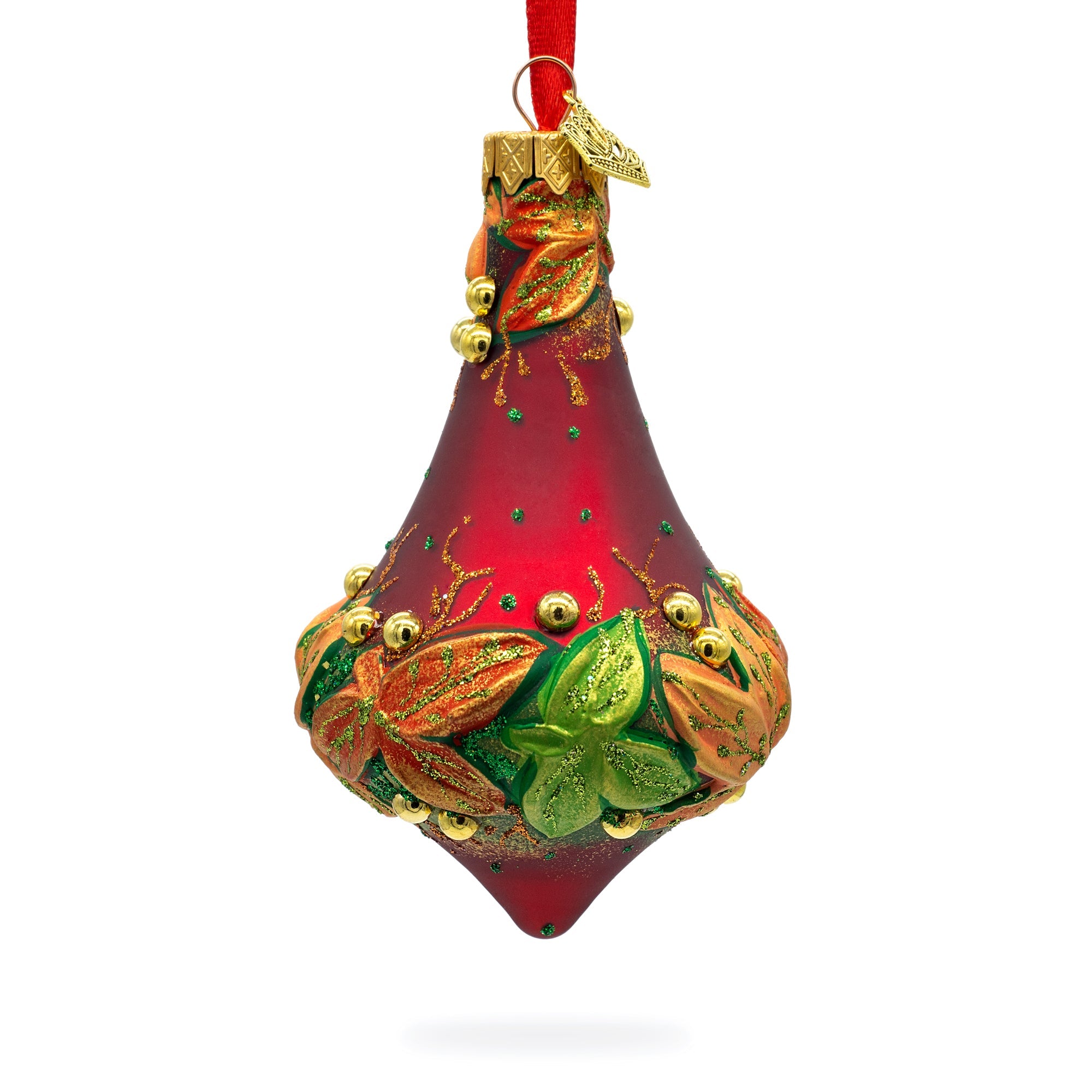 Leaves on Red Bell Shape Finial Glass Christmas Ornament