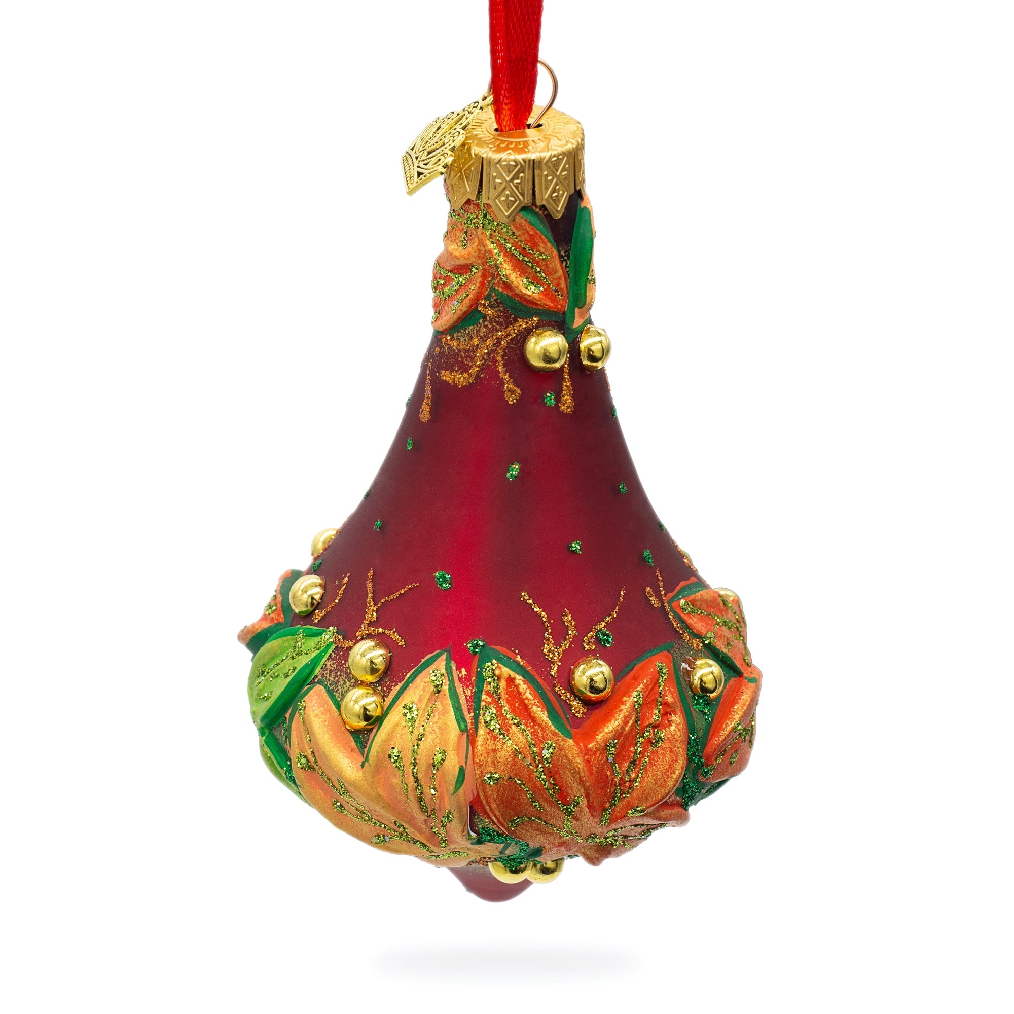 Leaves on Red Bell Shape Finial Glass Christmas Ornament