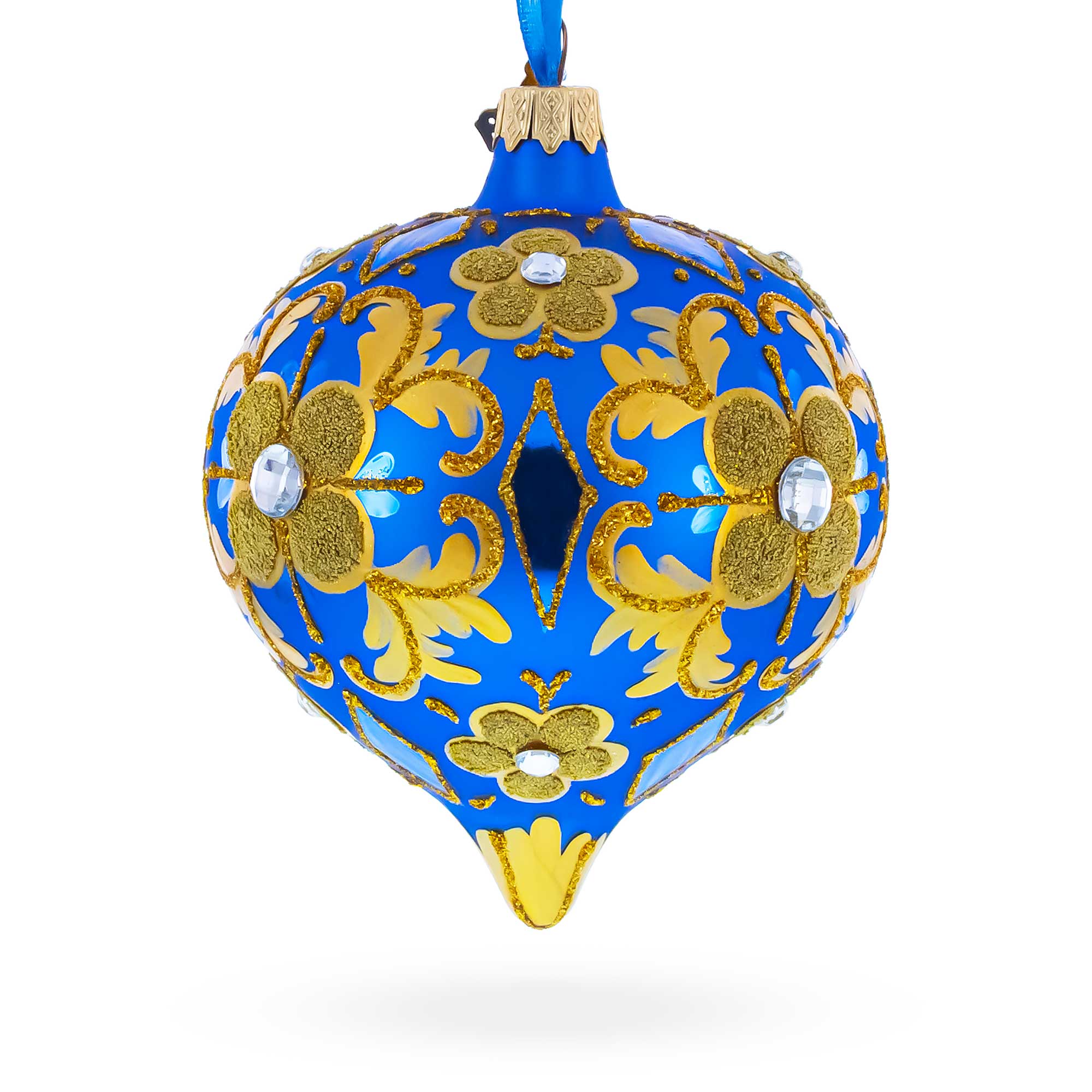 Jeweled Golden Leaves on Blue Onion-Shape Finial Glass Christmas Ornament