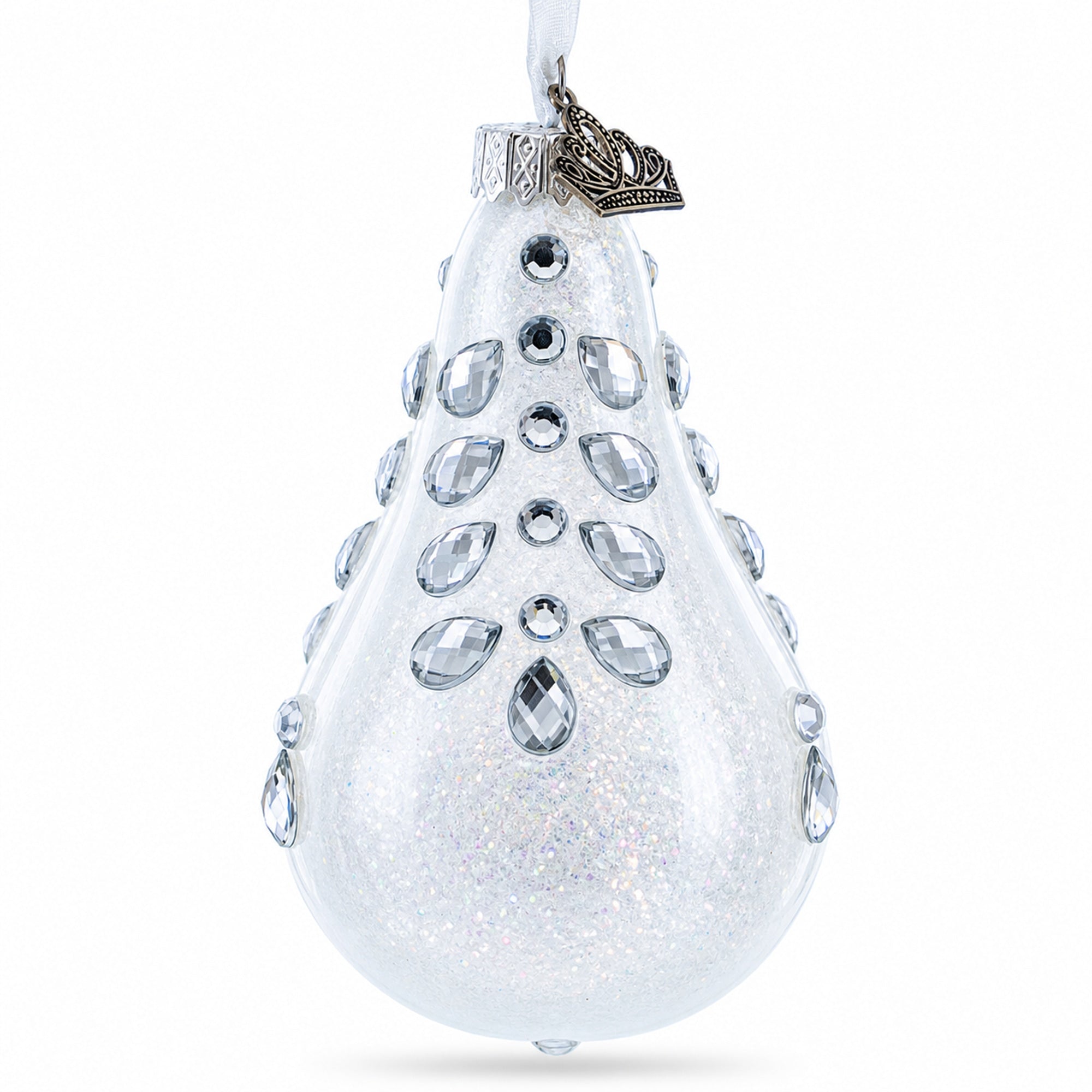 Diamonds on Clear Waterdrop Finial Glass Christmas Ornament