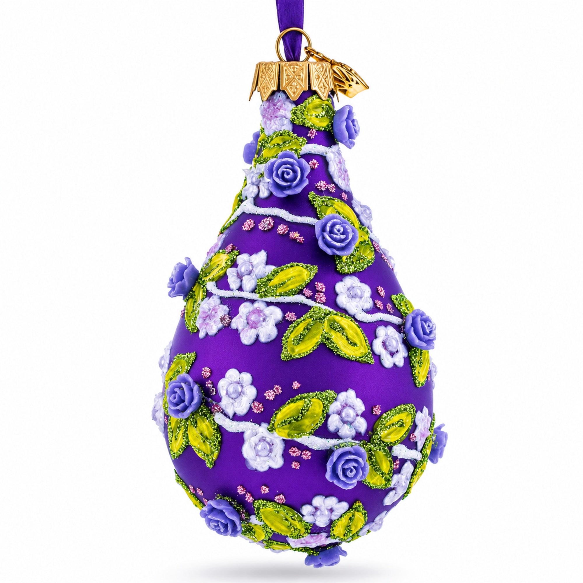 Embossed Roses on Purple Waterdrop Finial Glass Christmas Ornament