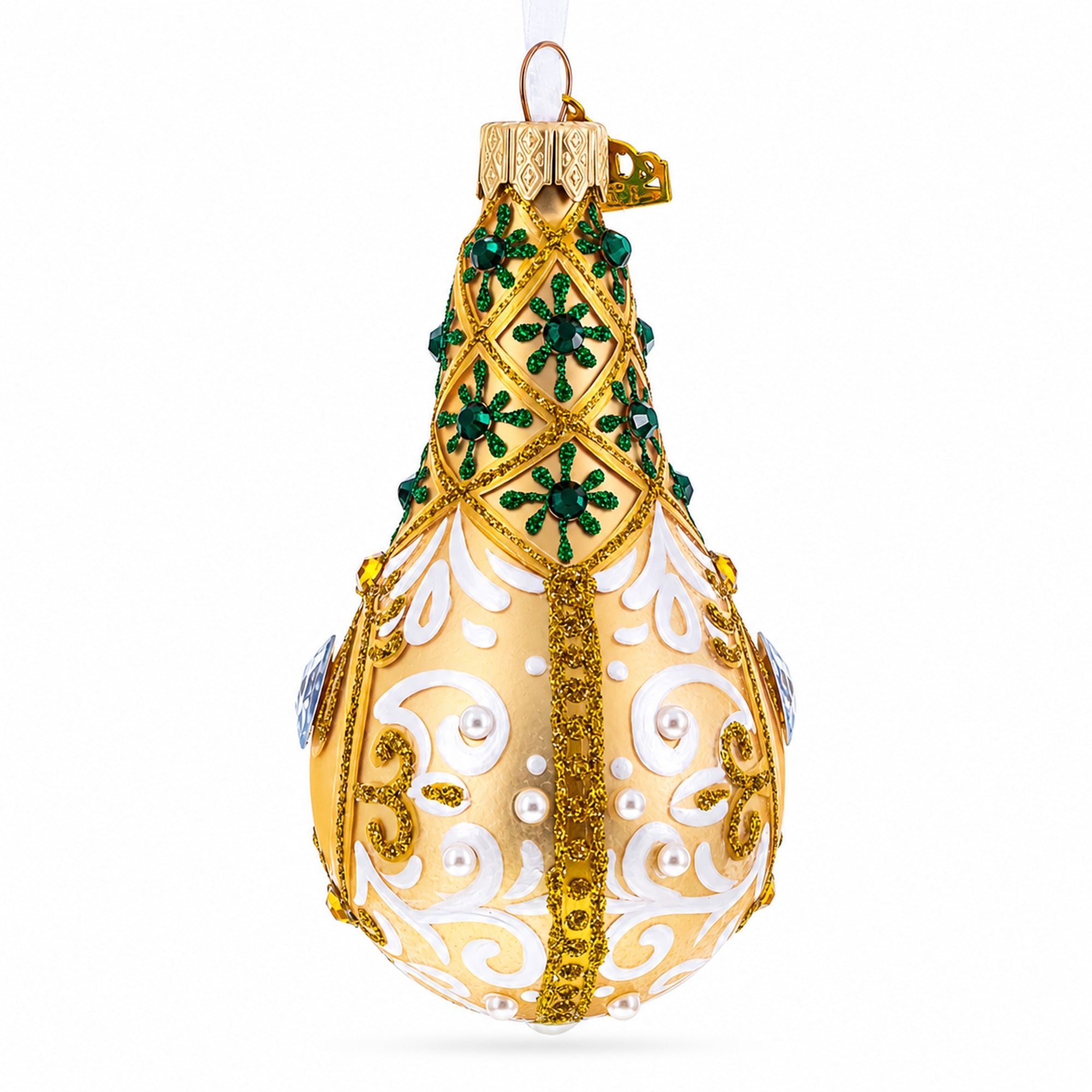 Swirls on Champagne Bejeweled Pear Shape Glass Ornament
