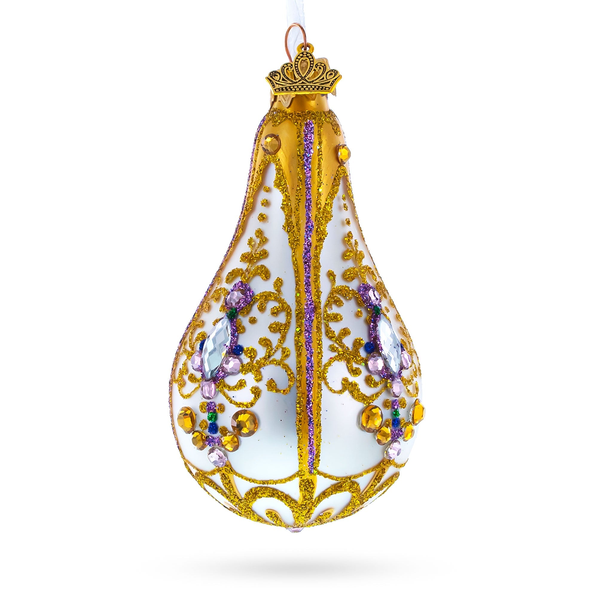 Multicolored Jewels on Golden Swirls Pear Shape Finial Glass Ornament