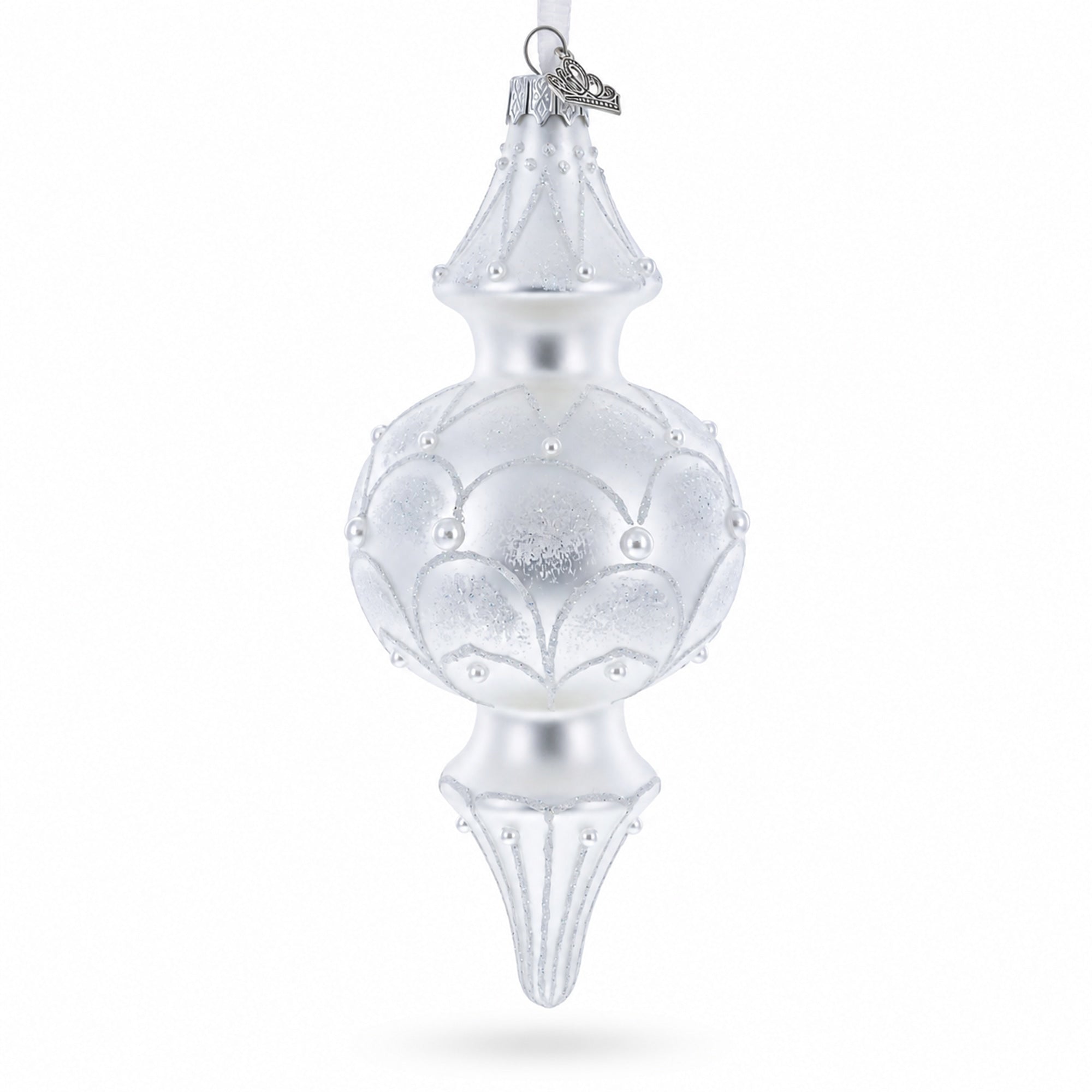 Snowy Pearl Double-Ended Finial Drop Glass Christmas Ornament