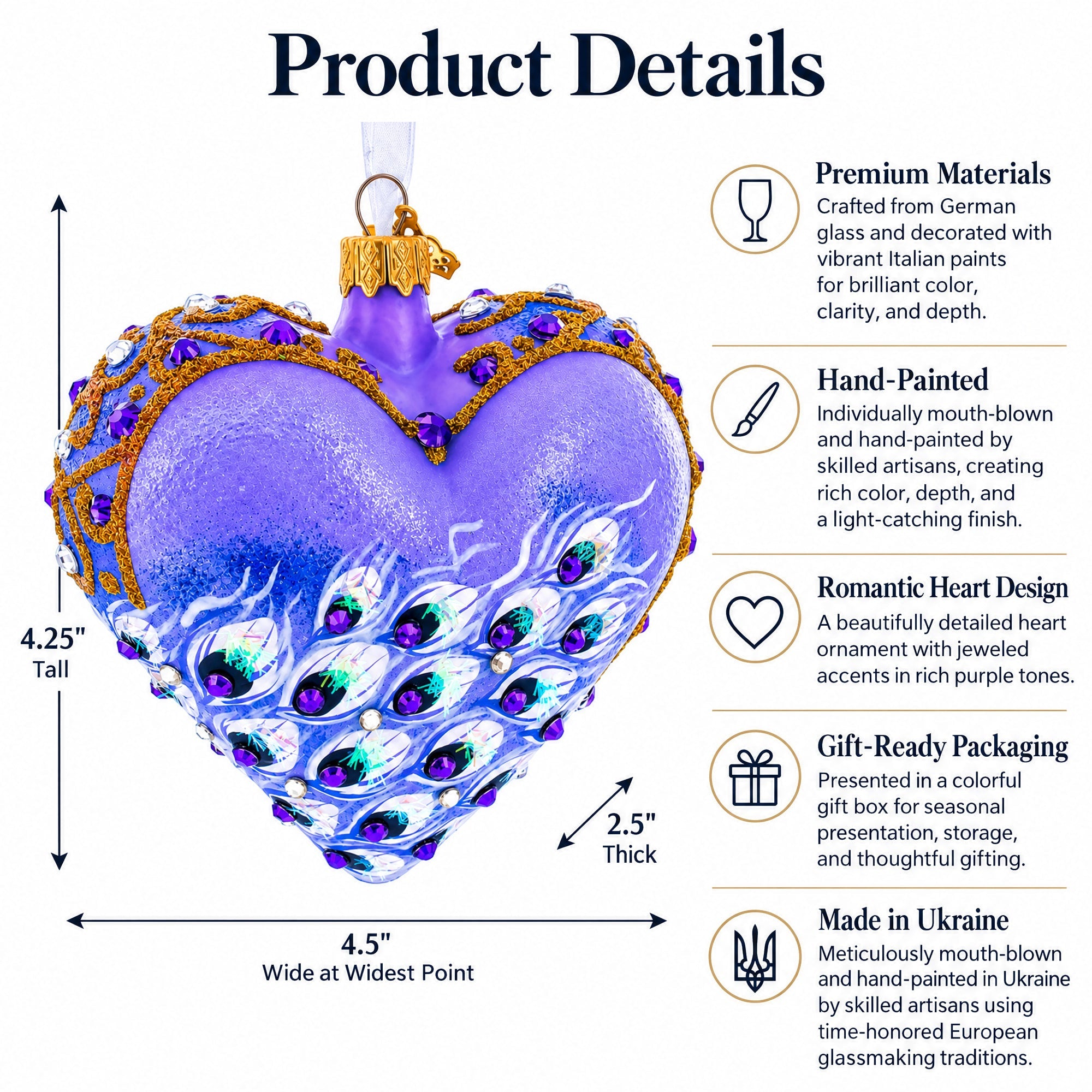 Royal Purple Peacock Heart Glass Ornament