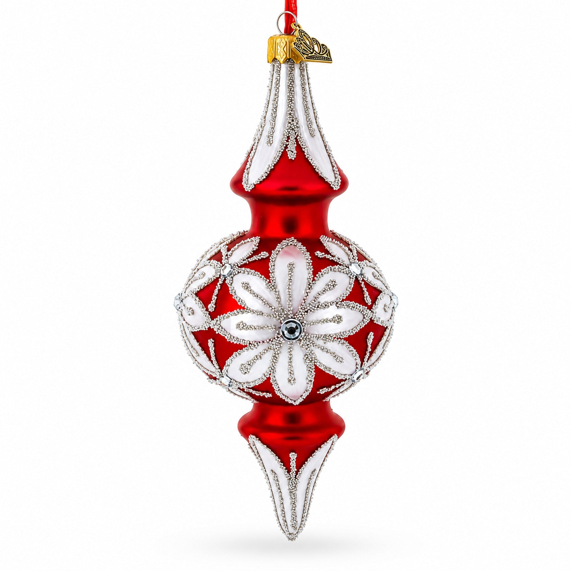 Silver Jeweled Poinsettia Bloom Double-Ended Finial Drop Glass Christmas Ornament