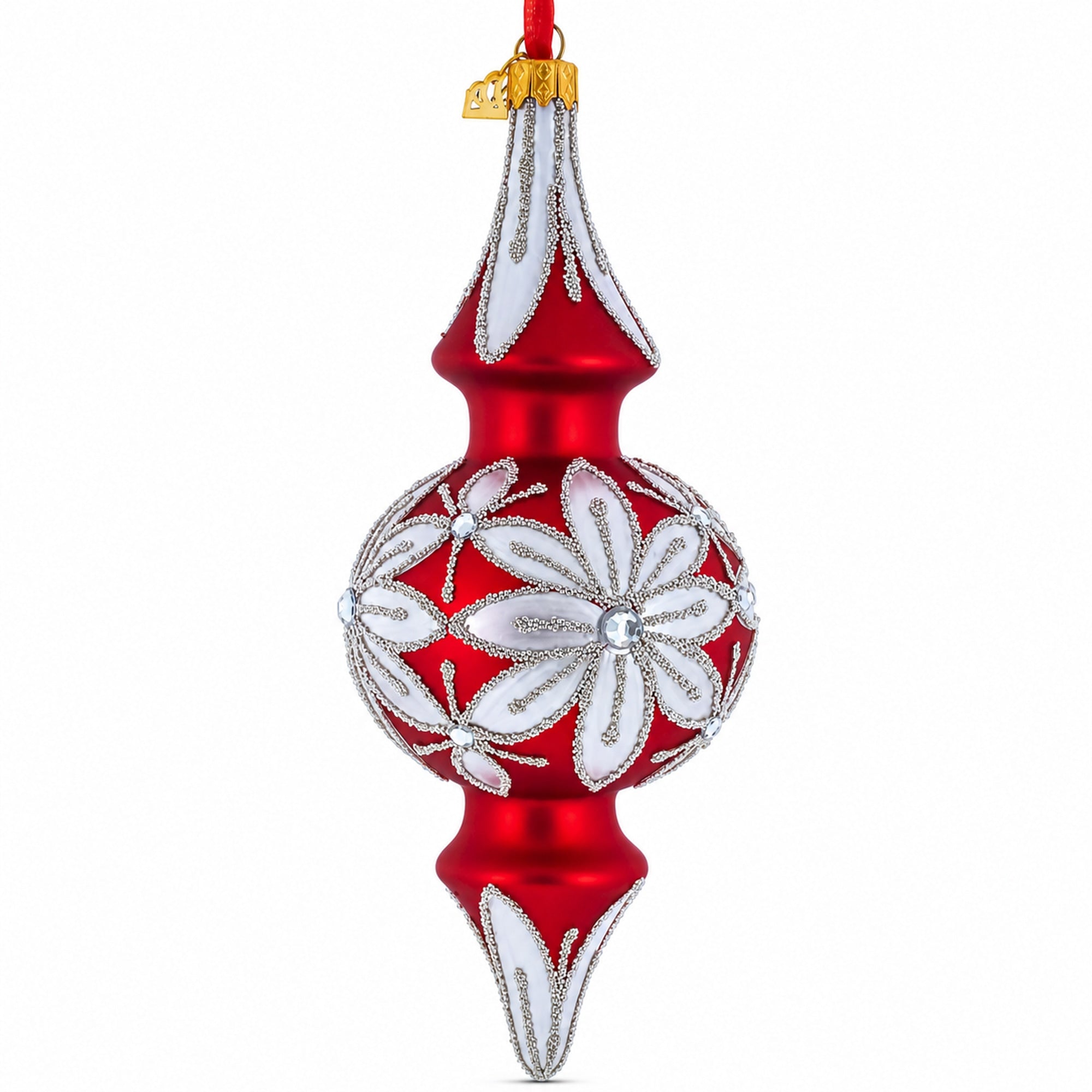 Silver Jeweled Poinsettia Bloom Double-Ended Finial Drop Glass Christmas Ornament