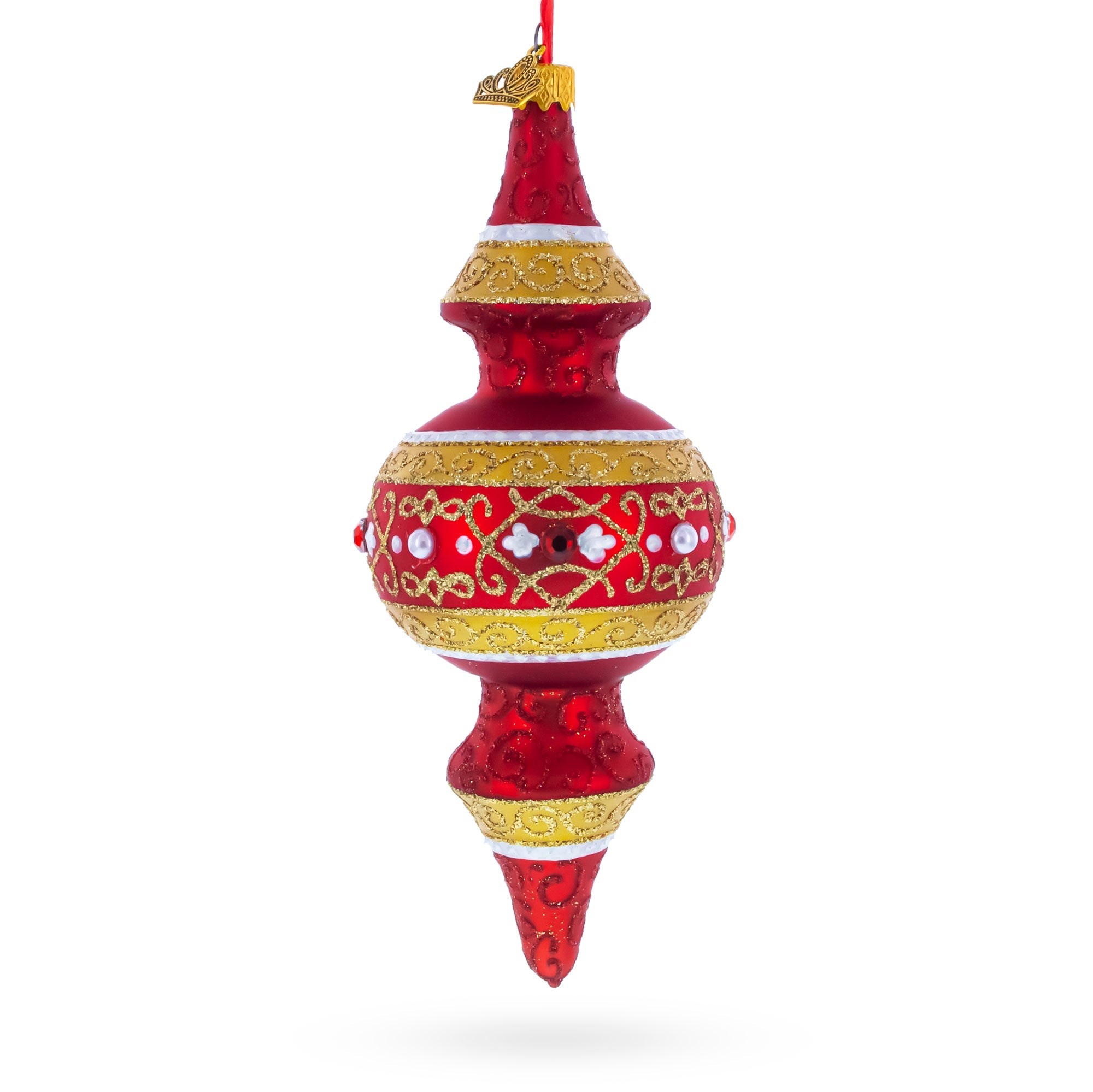 Golden Scroll & Pearl Trim Double-Ended Finial Drop Glass Christmas Ornament