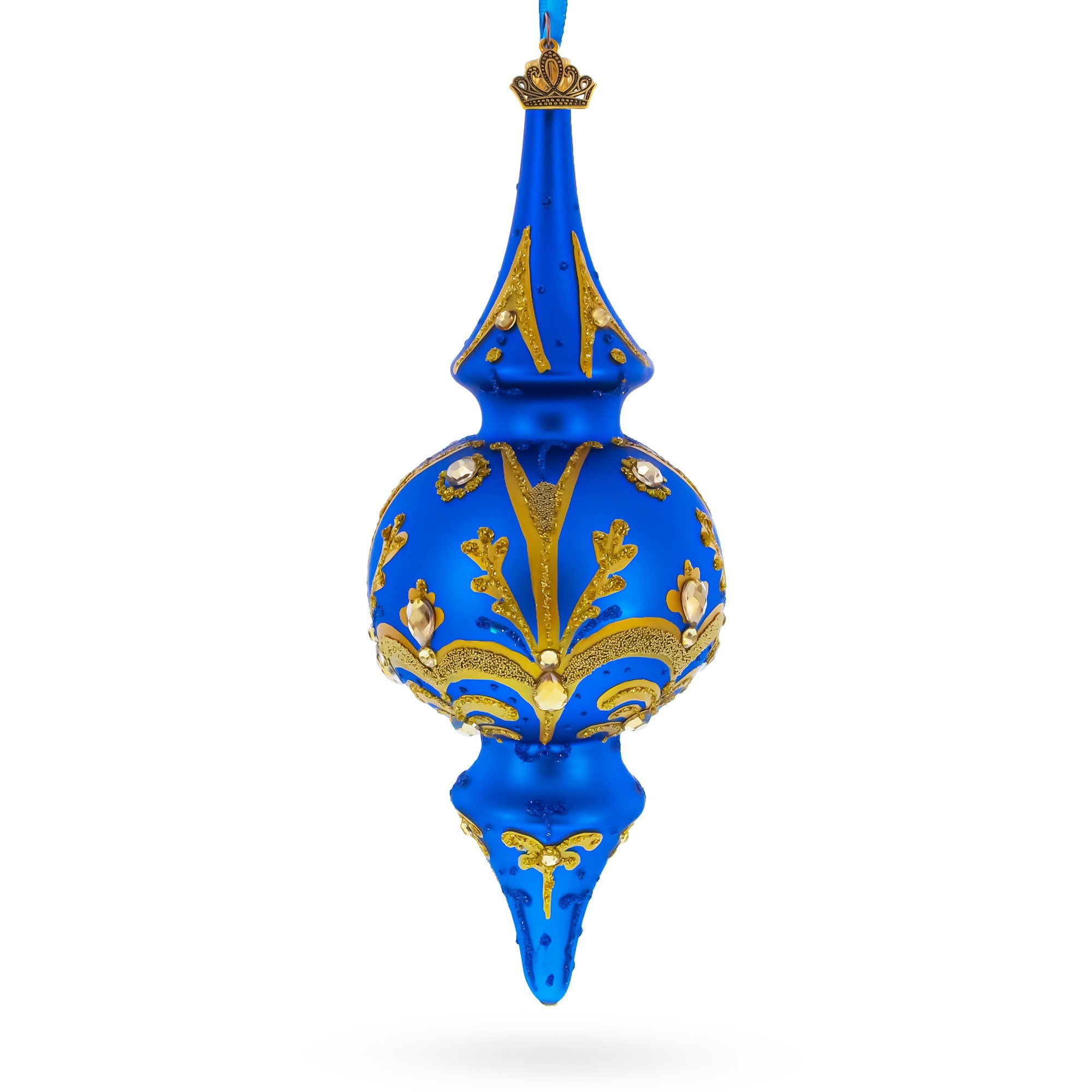 Jeweled Gold Scrollwork's on Blue Double-Ended Finial Drop Glass Christmas Ornament