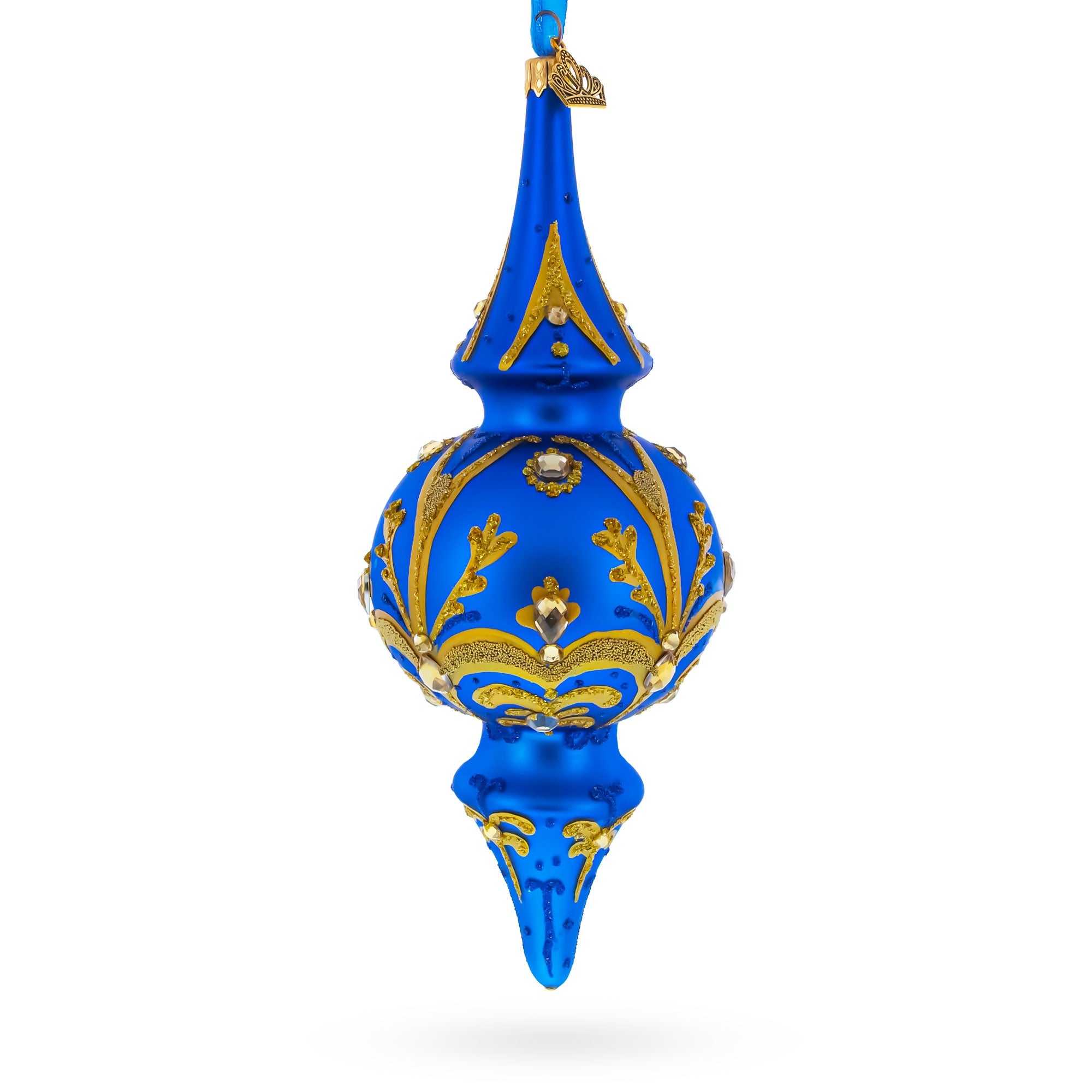 Jeweled Gold Scrollwork's on Blue Double-Ended Finial Drop Glass Christmas Ornament