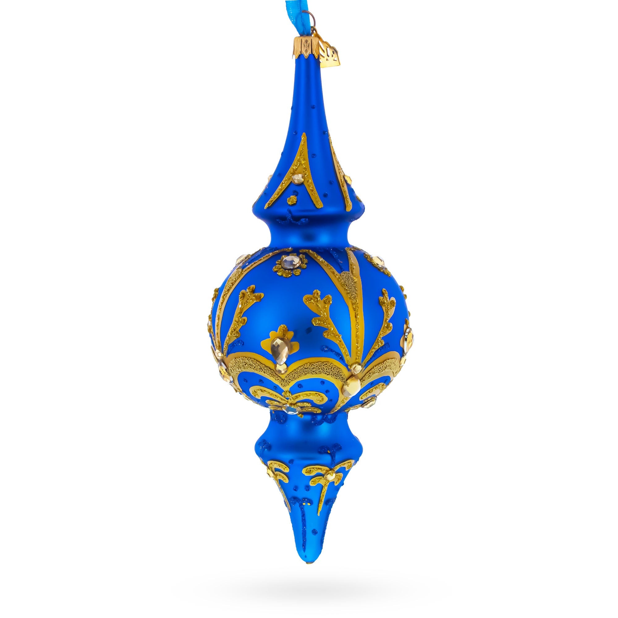 Jeweled Gold Scrollwork's on Blue Double-Ended Finial Drop Glass Christmas Ornament