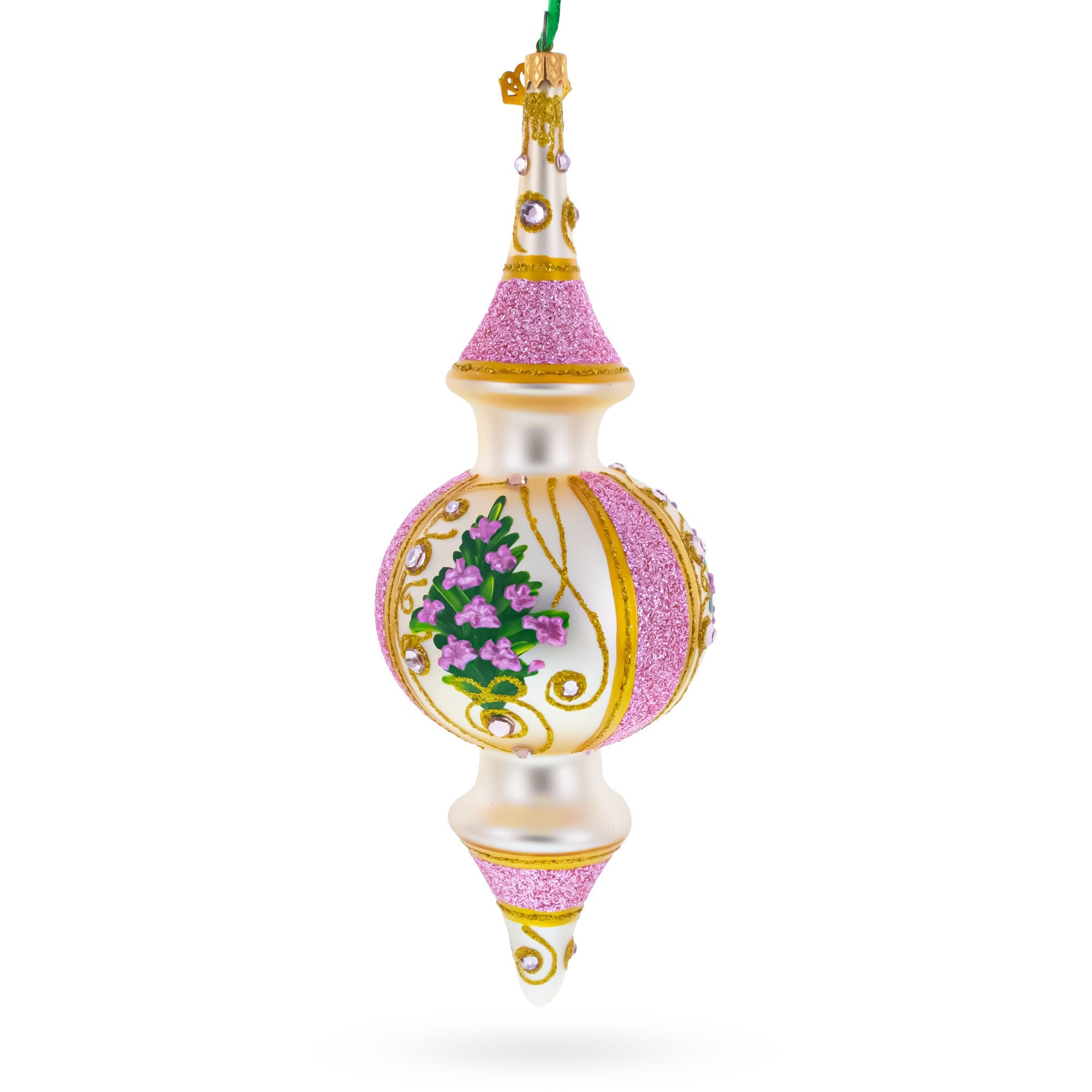 Pink Embossed  Blossom Double-Ended Finial Drop Glass Christmas Ornament