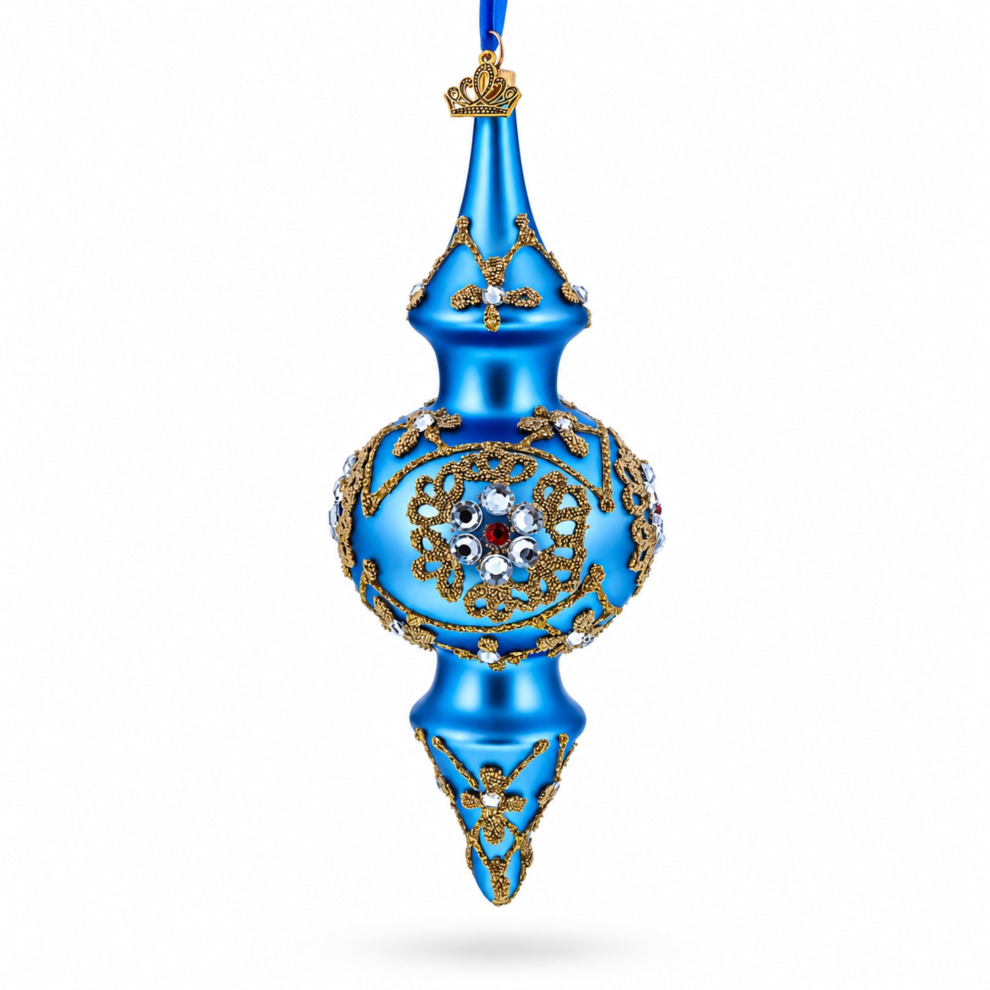 Royal Blue Jeweled Scroll Double-Ended Finial Drop Glass Christmas Ornament