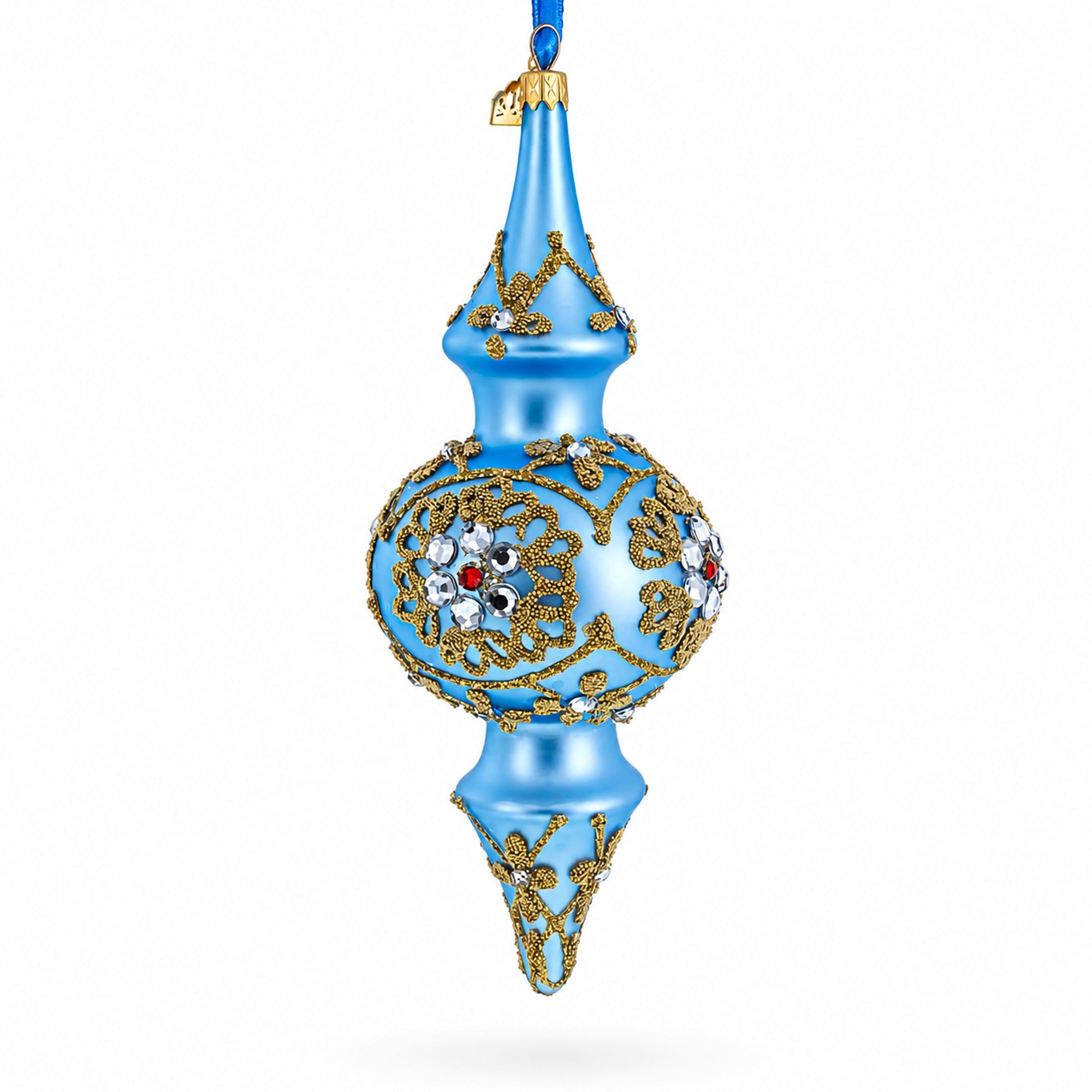 Royal Blue Jeweled Scroll Double-Ended Finial Drop Glass Christmas Ornament