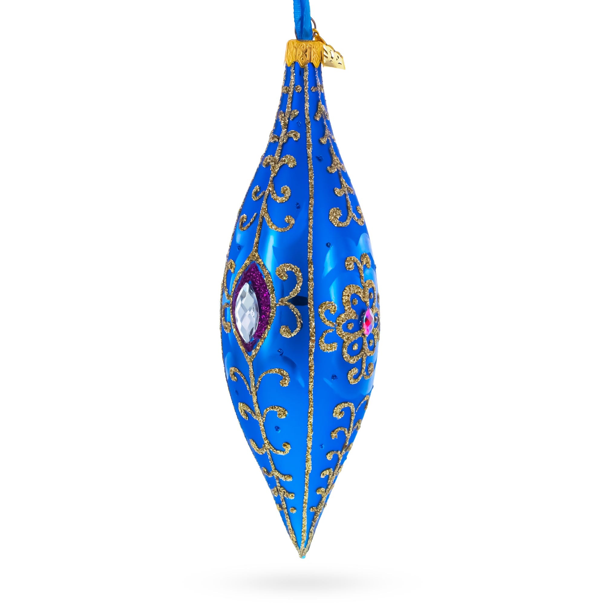 Royal Blue Jewel Scroll Elongated Pointed Teardrop Finial Glass Christmas Ornament