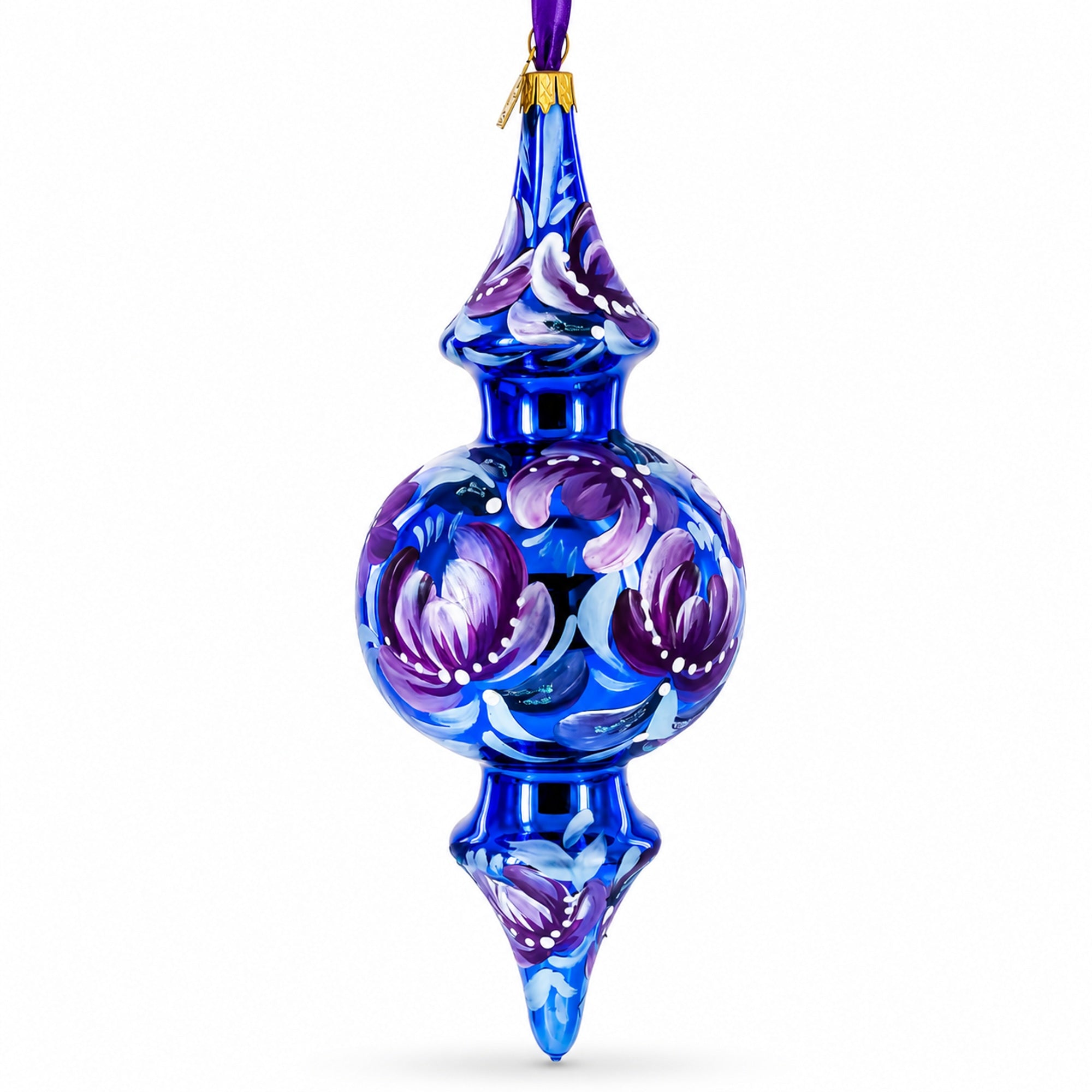 Cobalt Blue Floral Double-Ended Finial Drop Glass Christmas Ornament