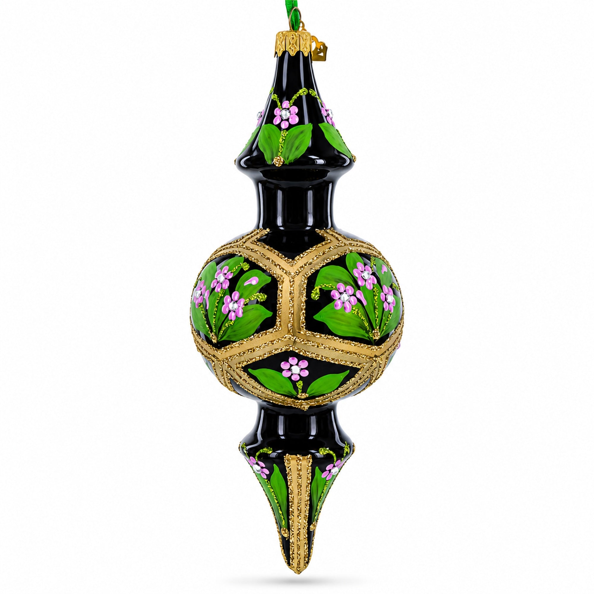 Black & Gold Floral Medallion Double-Ended Finial Drop Glass Christmas Ornament