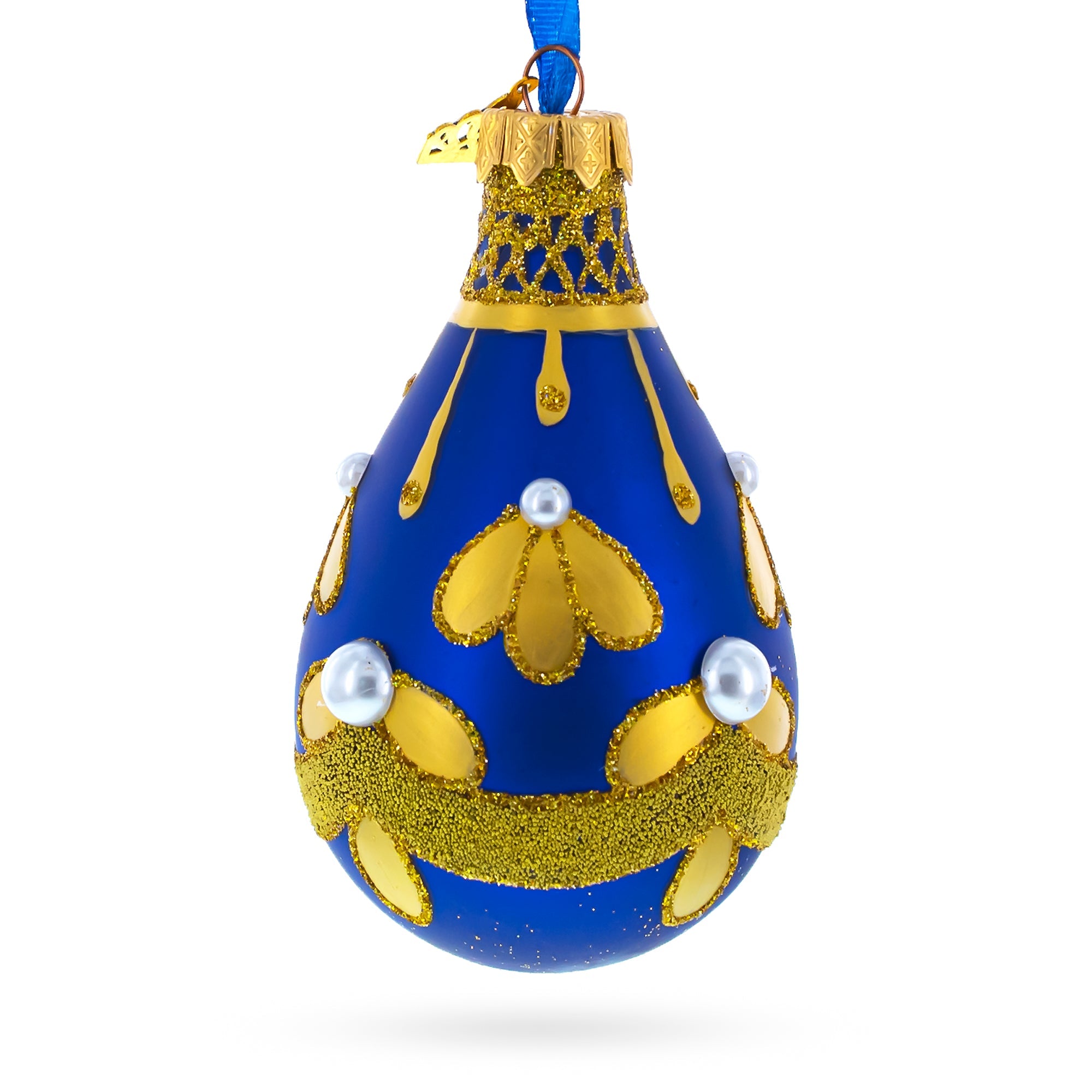 Gold Pattern on Blue Waterdrop Finial Glass Christmas Ornament
