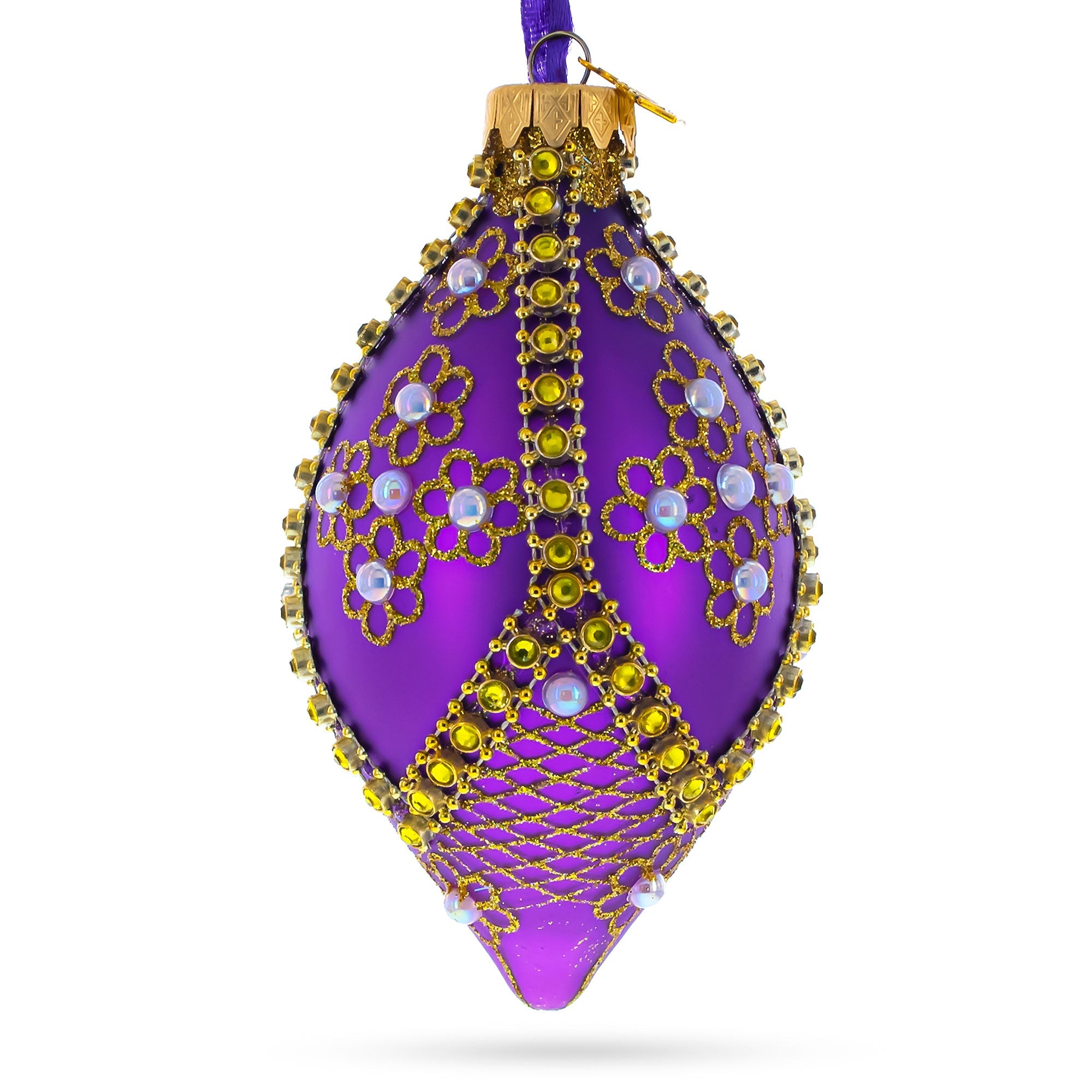 Golden Pearl Flowers on Purple Pointed Teardrop Finial Glass Ornament