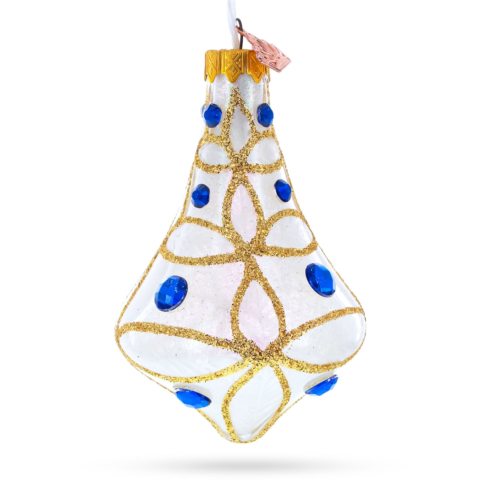 Blue Jewels on Clear Glass Bell Finial Christmas Ornament