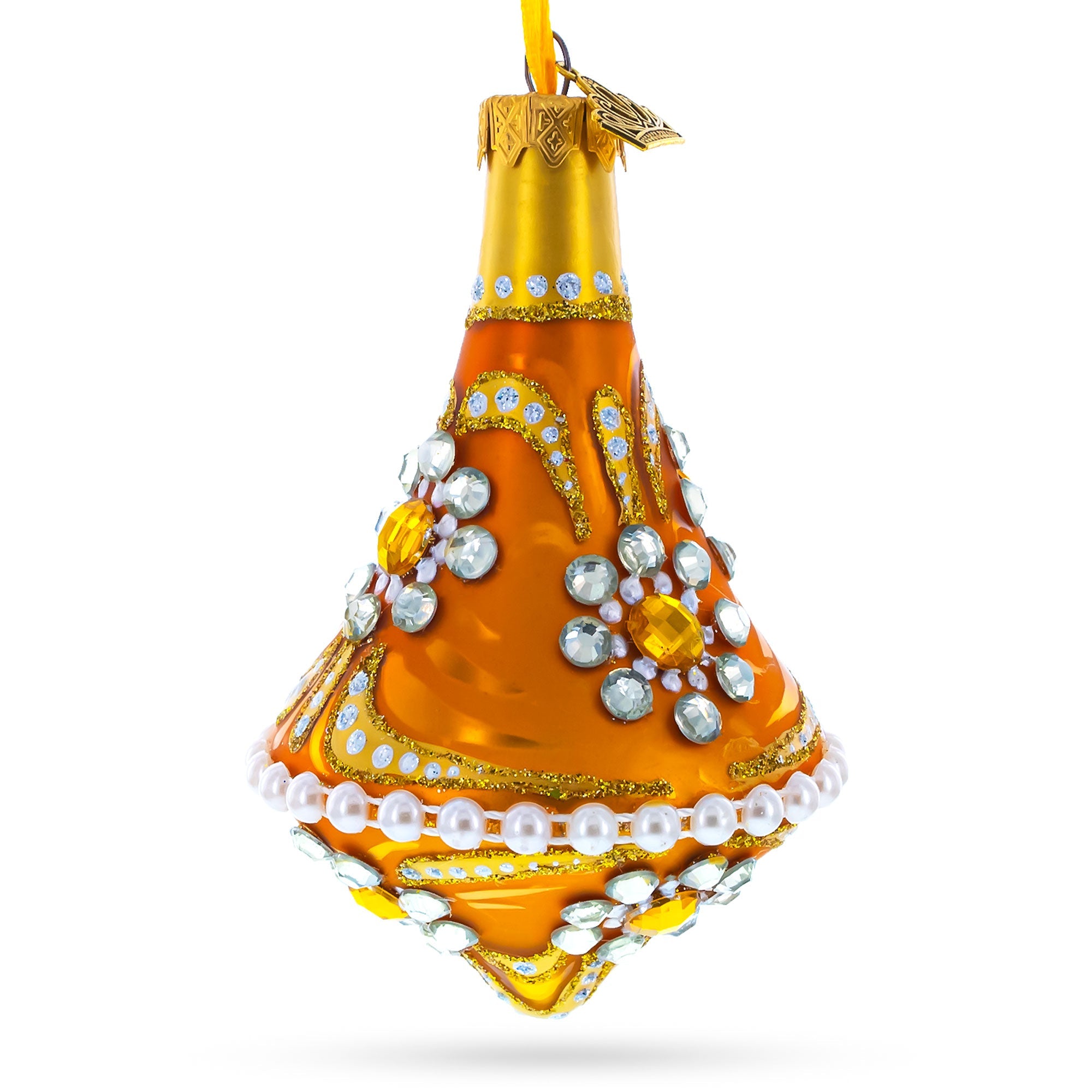 Diamond Jewels on Striped Gold Glass Bell Shape Finial Christmas Ornament