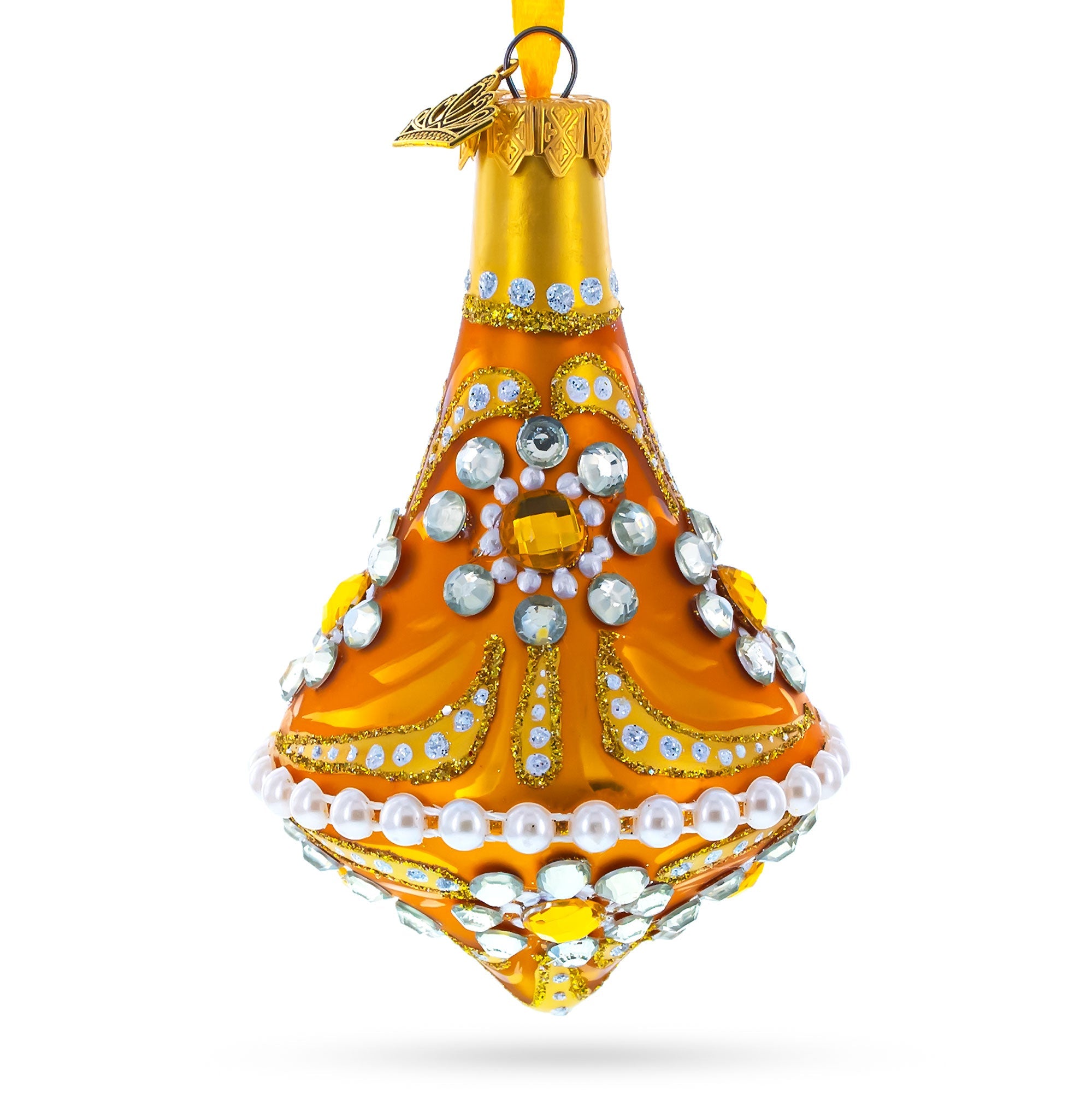 Diamond Jewels on Striped Gold Glass Bell Shape Finial Christmas Ornament