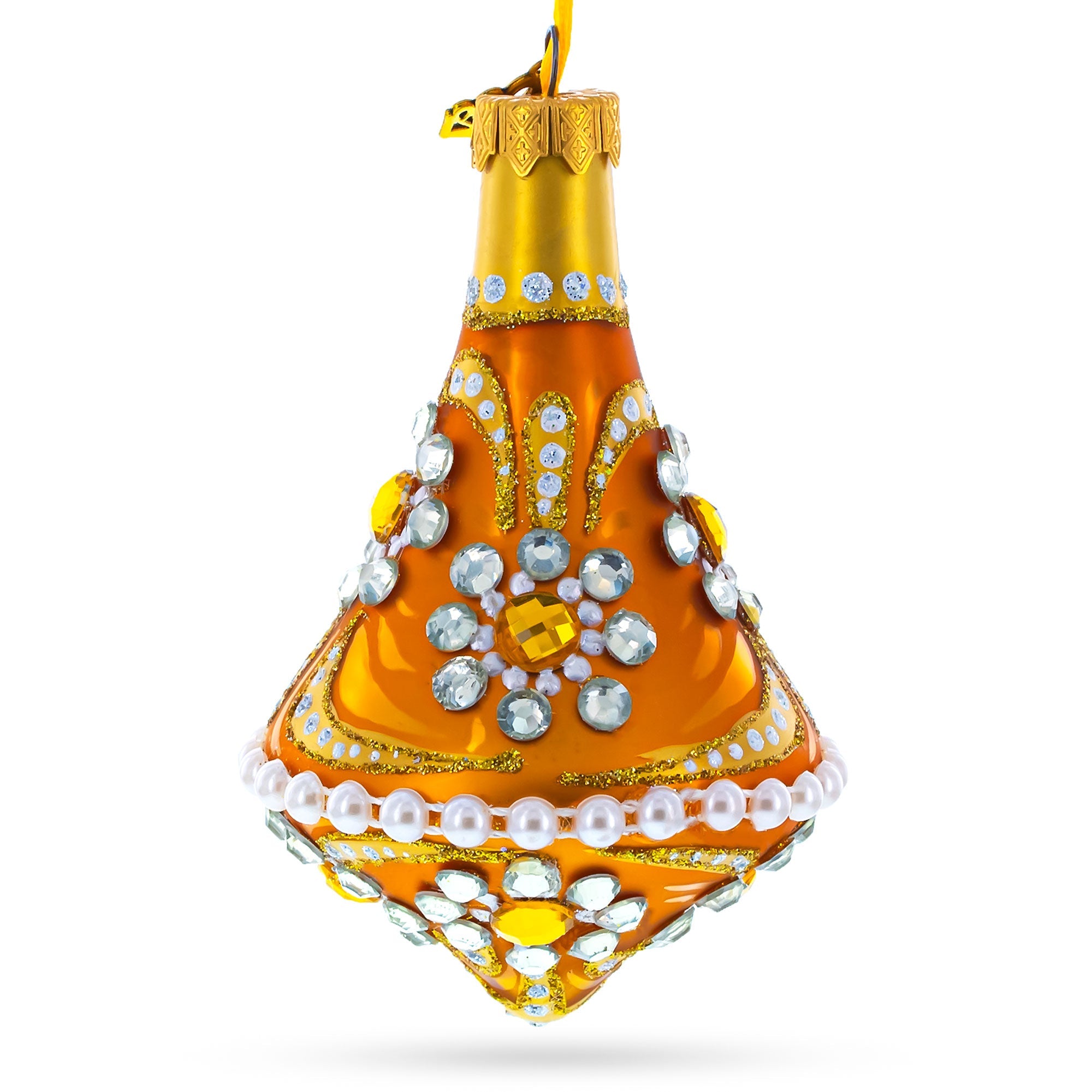 Diamond Jewels on Striped Gold Glass Bell Shape Finial Christmas Ornament