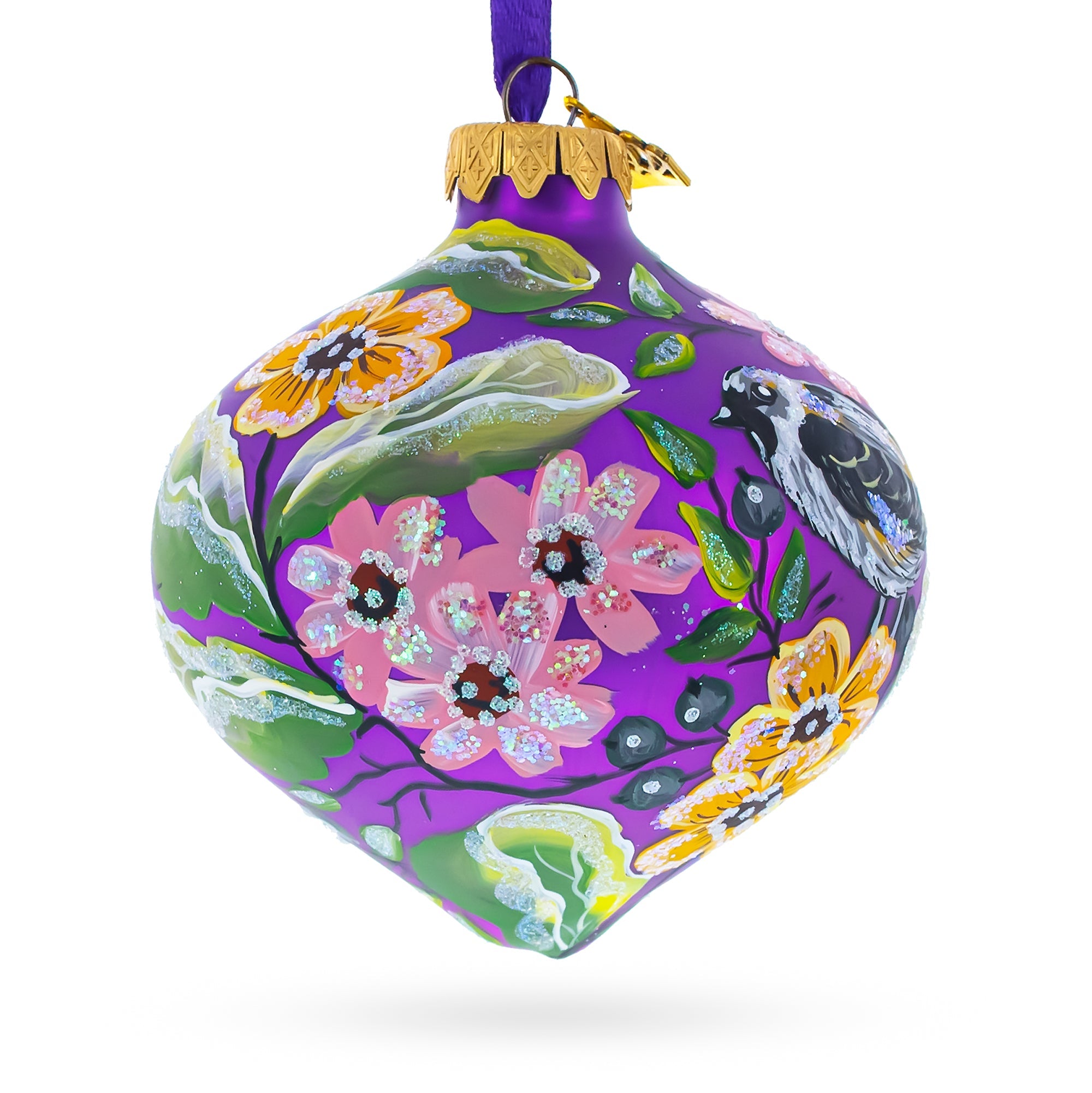 Songbird and Blossoms Onion-Shape Finial Glass Christmas Ornament