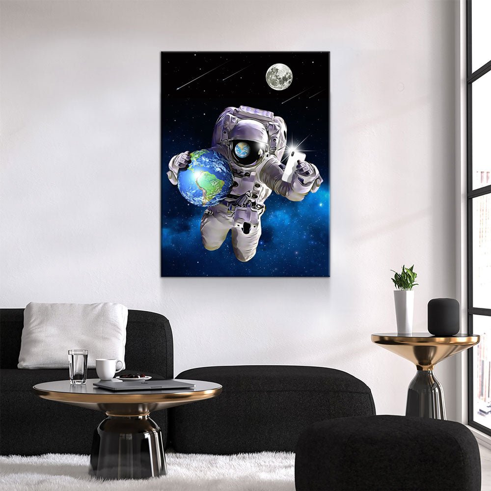 Save The World Selfie Canvas Wall Art, Space Decor, Astronaut Art Canvas