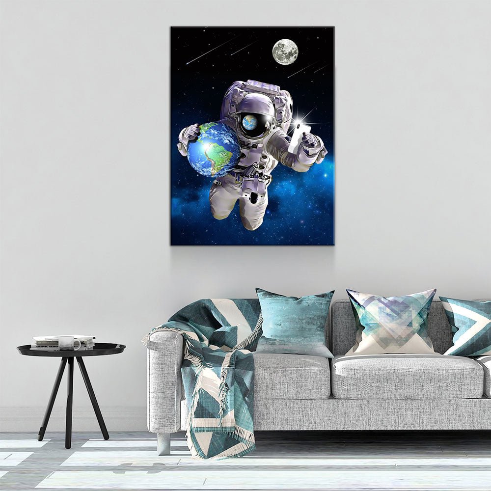 Save The World Selfie Canvas Wall Art, Space Decor, Astronaut Art Canvas