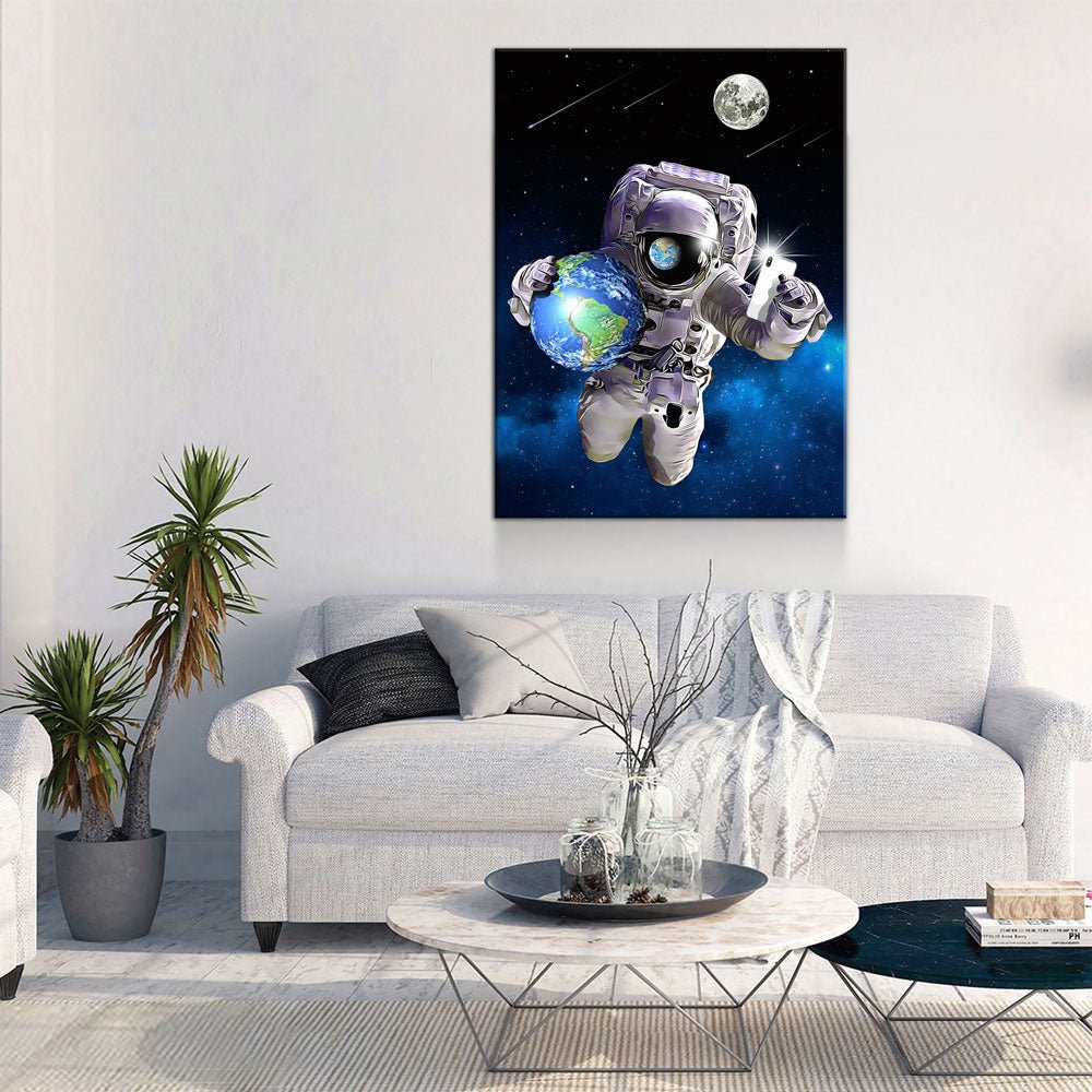 Save The World Selfie Canvas Wall Art, Space Decor, Astronaut Art Canvas