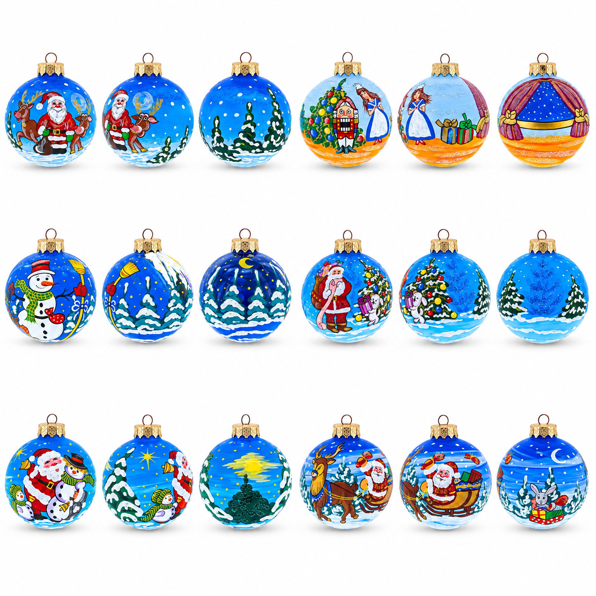 Set of 6 Santa, Snowman, Reindeer, Nutcracker Glass Christmas Ornaments