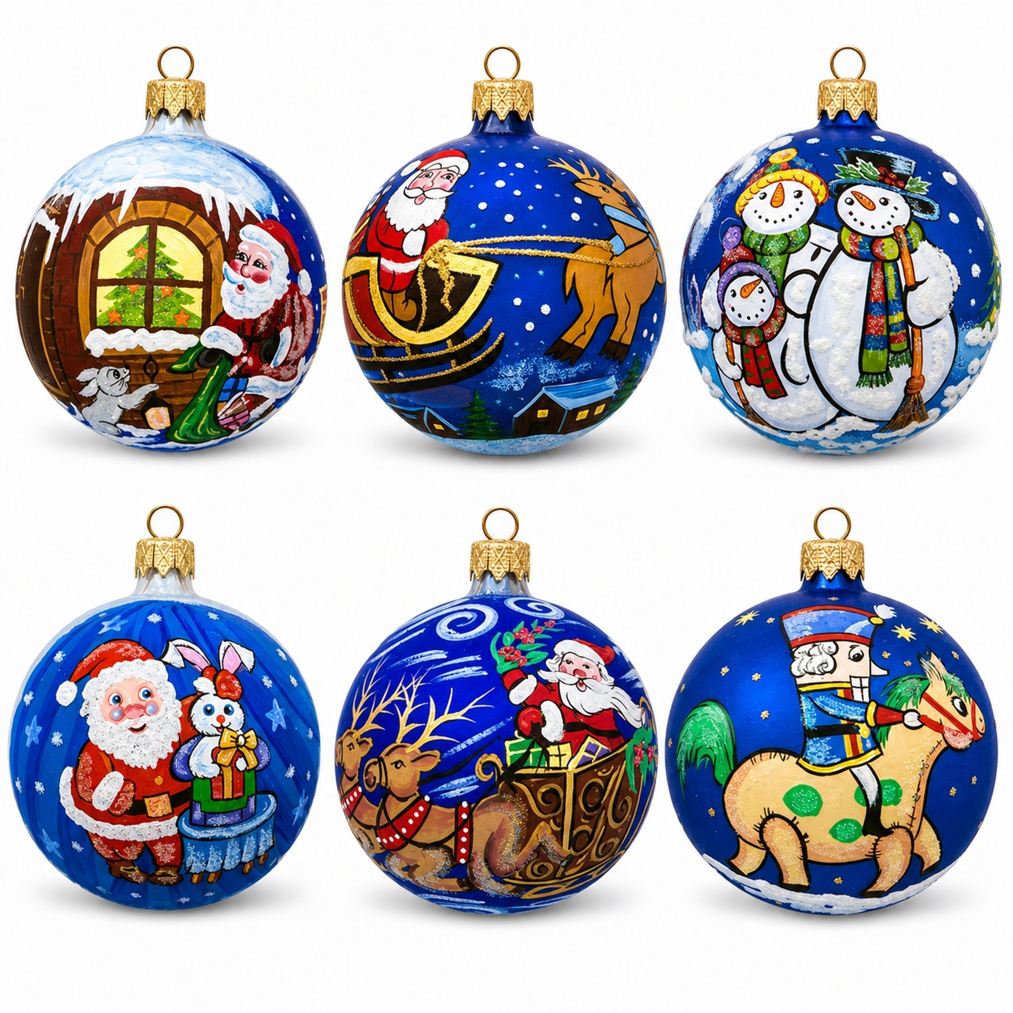 Set of 6 Santa, Reindeer, Snowman, Nutcracker, and Holiday Scenes Glass Christmas Ornaments