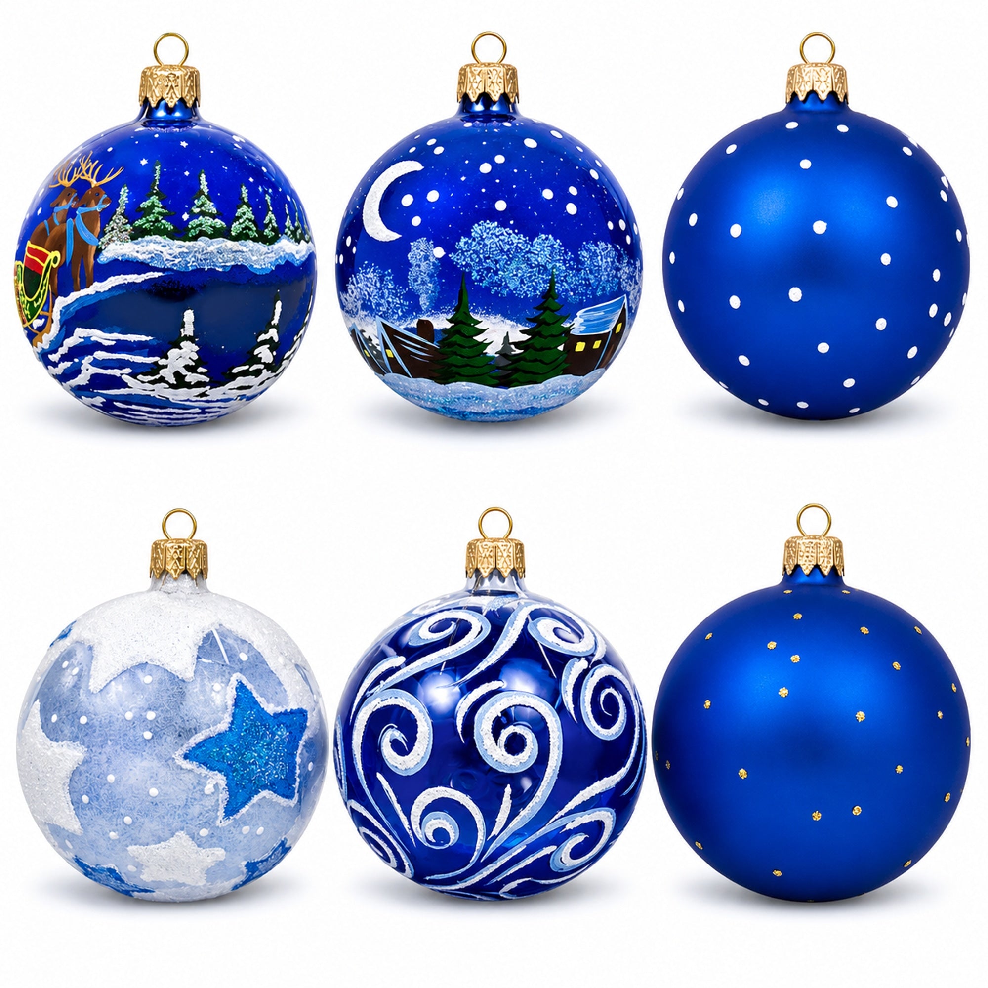 Set of 6 Santa, Reindeer, Snowman, Nutcracker, and Holiday Scenes Glass Christmas Ornaments