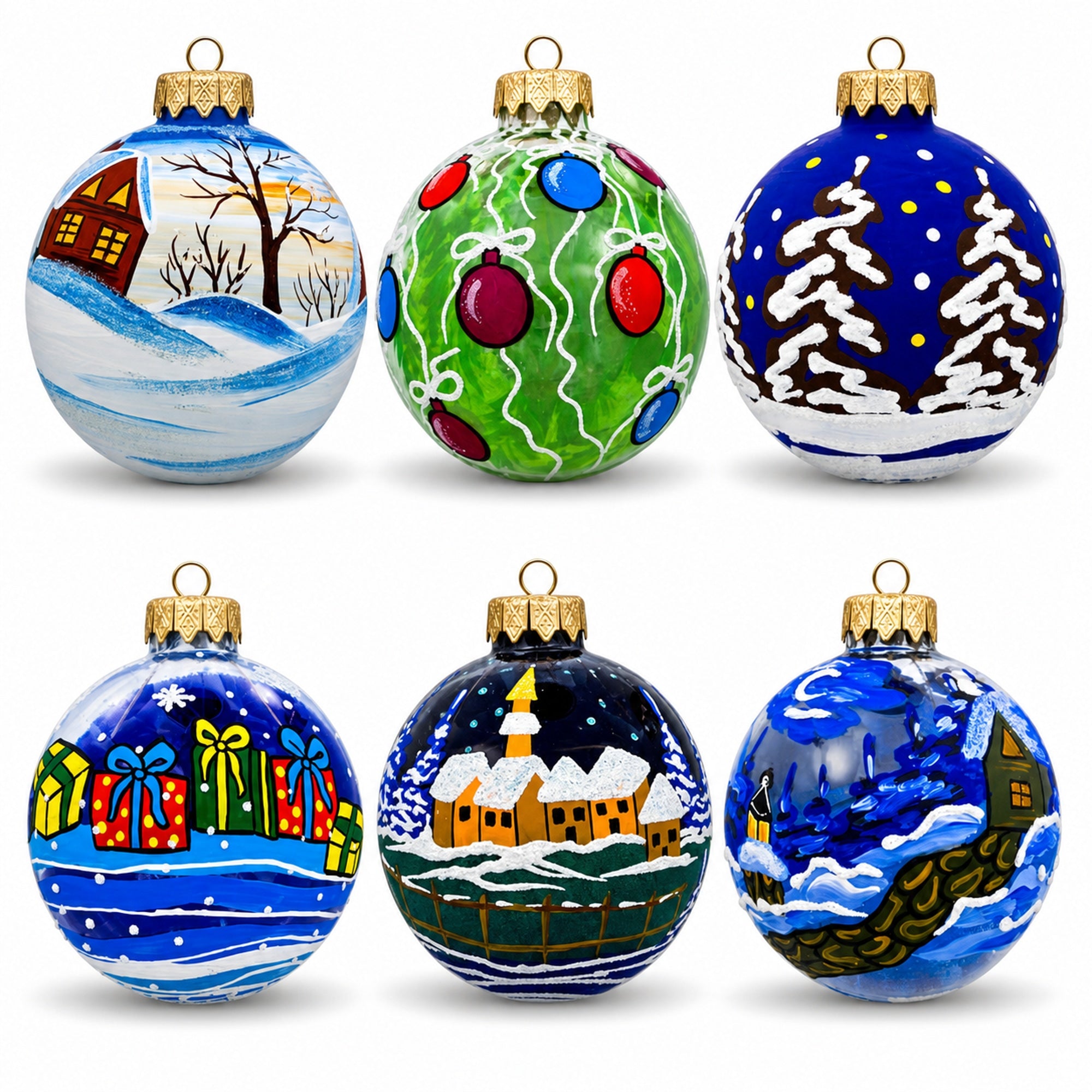 Set of 6 Snowman, Bear, Santa, Nutcracker Glass Ball Christmas Ornaments