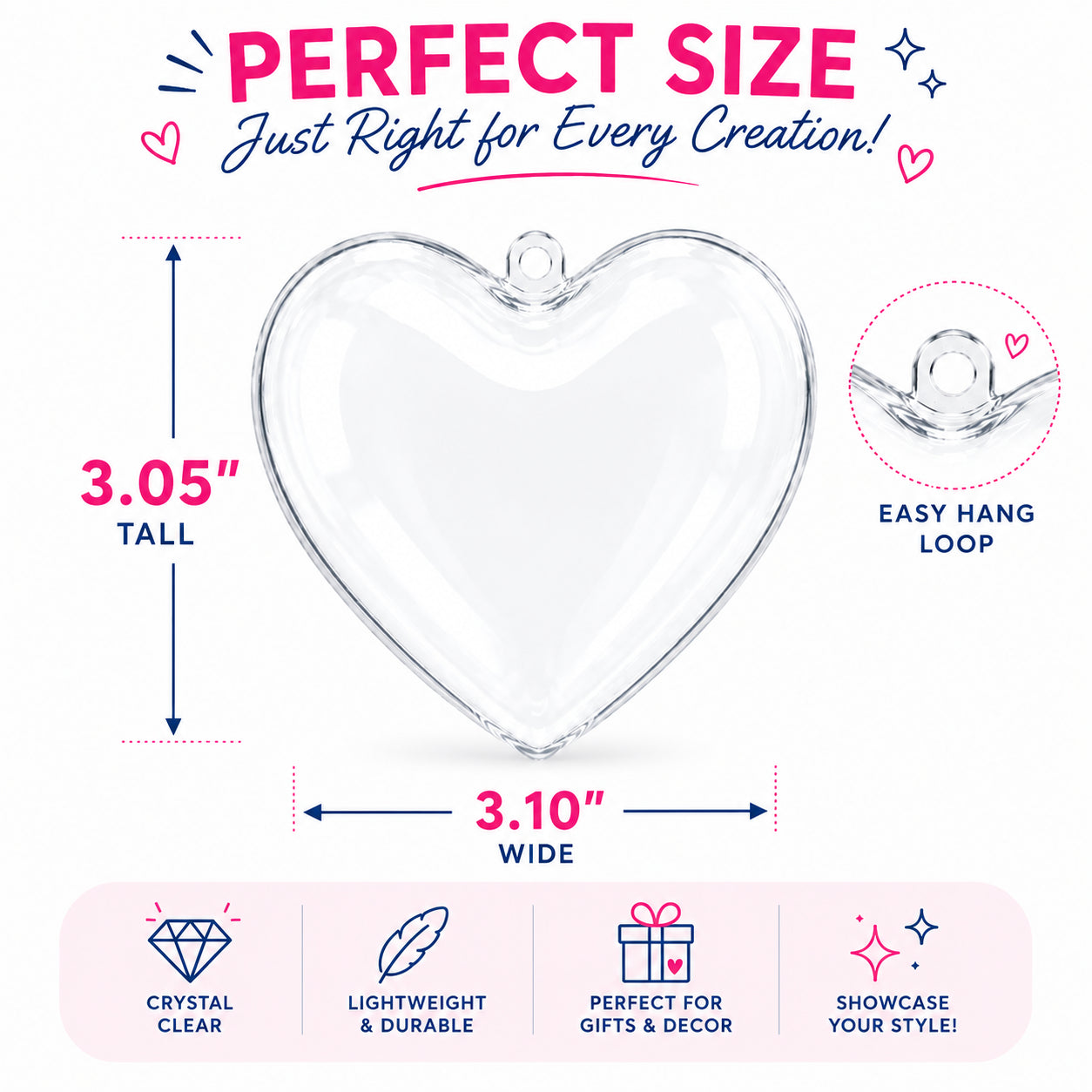 Set of 3 Clear Plastic Heart Ornaments 3.05 Inches