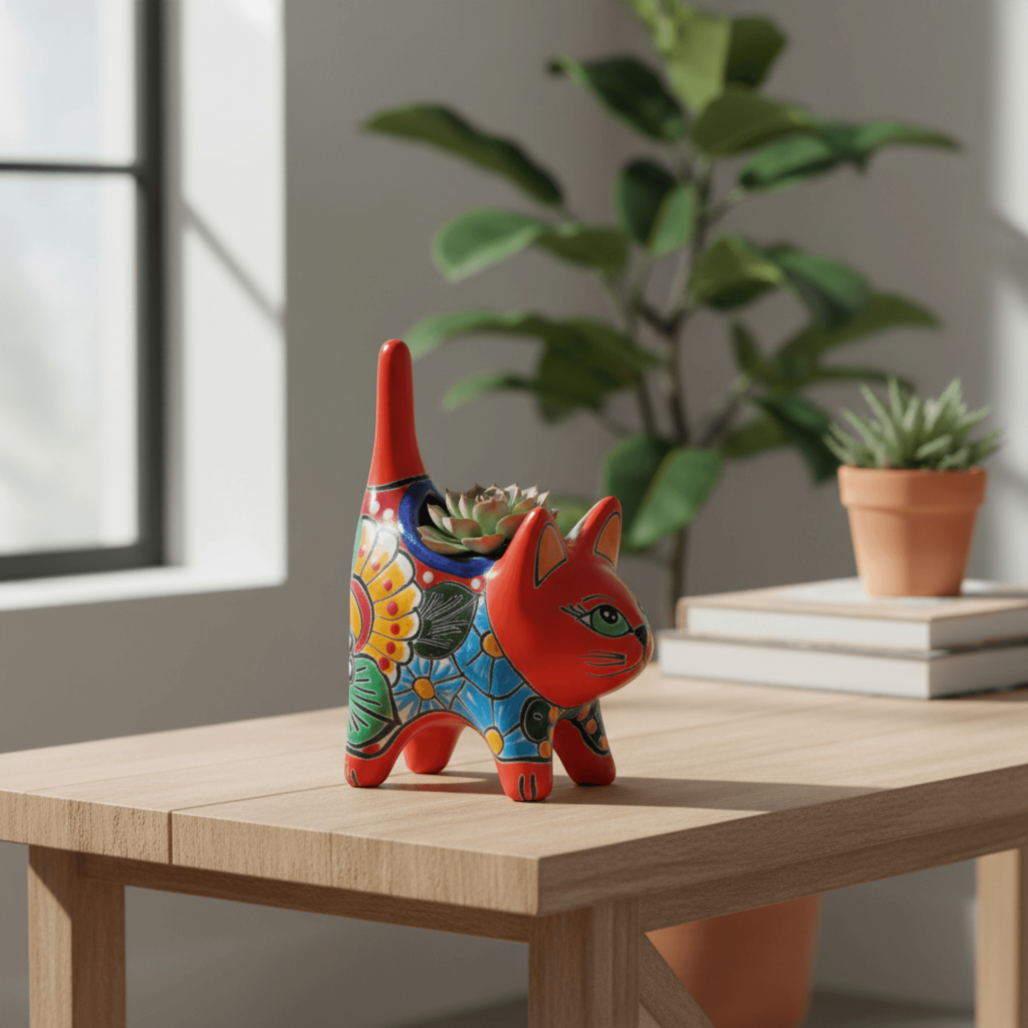 Small Talavera Cat Planter | Colorful Mexican Ceramic Decor