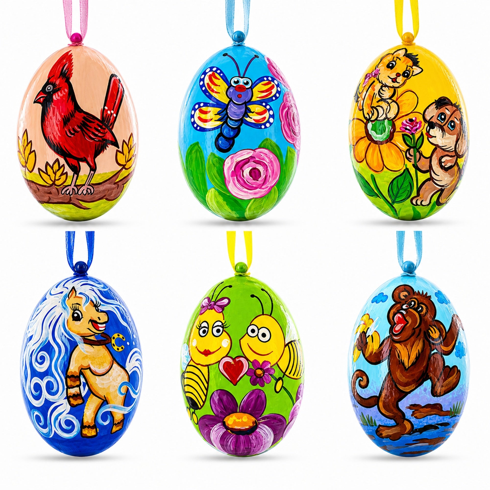 Monkey, Cardinal Bird, Butterfly, Pony and Bee Wooden Christmas Ornaments 3 Inch