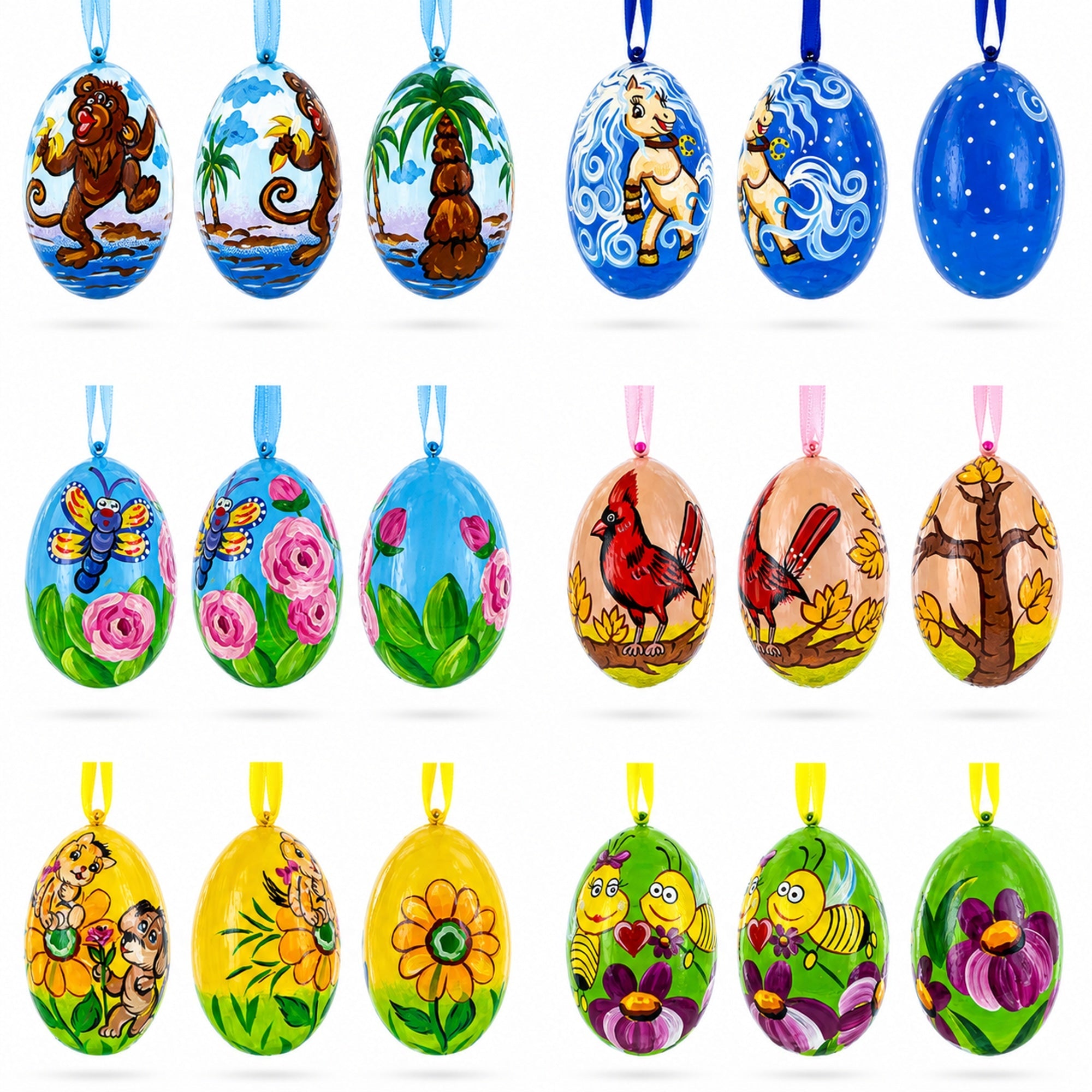 Monkey, Cardinal Bird, Butterfly, Pony and Bee Wooden Christmas Ornaments 3 Inch