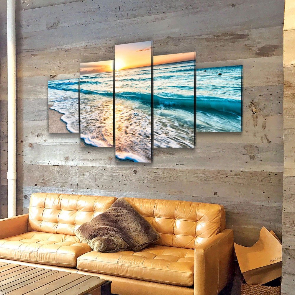 Sunset White Beach Canvas Wall Art, Seascape, 5-Piece Wall Art Set, Large Wall Art, Extra Large Decor, Blue Sea