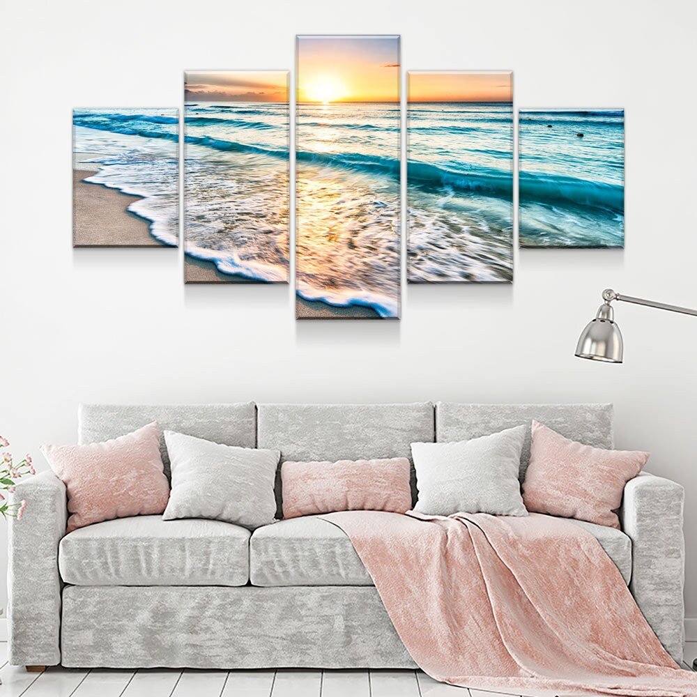 Sunset White Beach Canvas Wall Art, Seascape, 5-Piece Wall Art Set, Large Wall Art, Extra Large Decor, Blue Sea