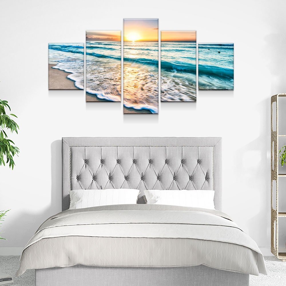 Sunset White Beach Canvas Wall Art, Seascape, 5-Piece Wall Art Set, Large Wall Art, Extra Large Decor, Blue Sea