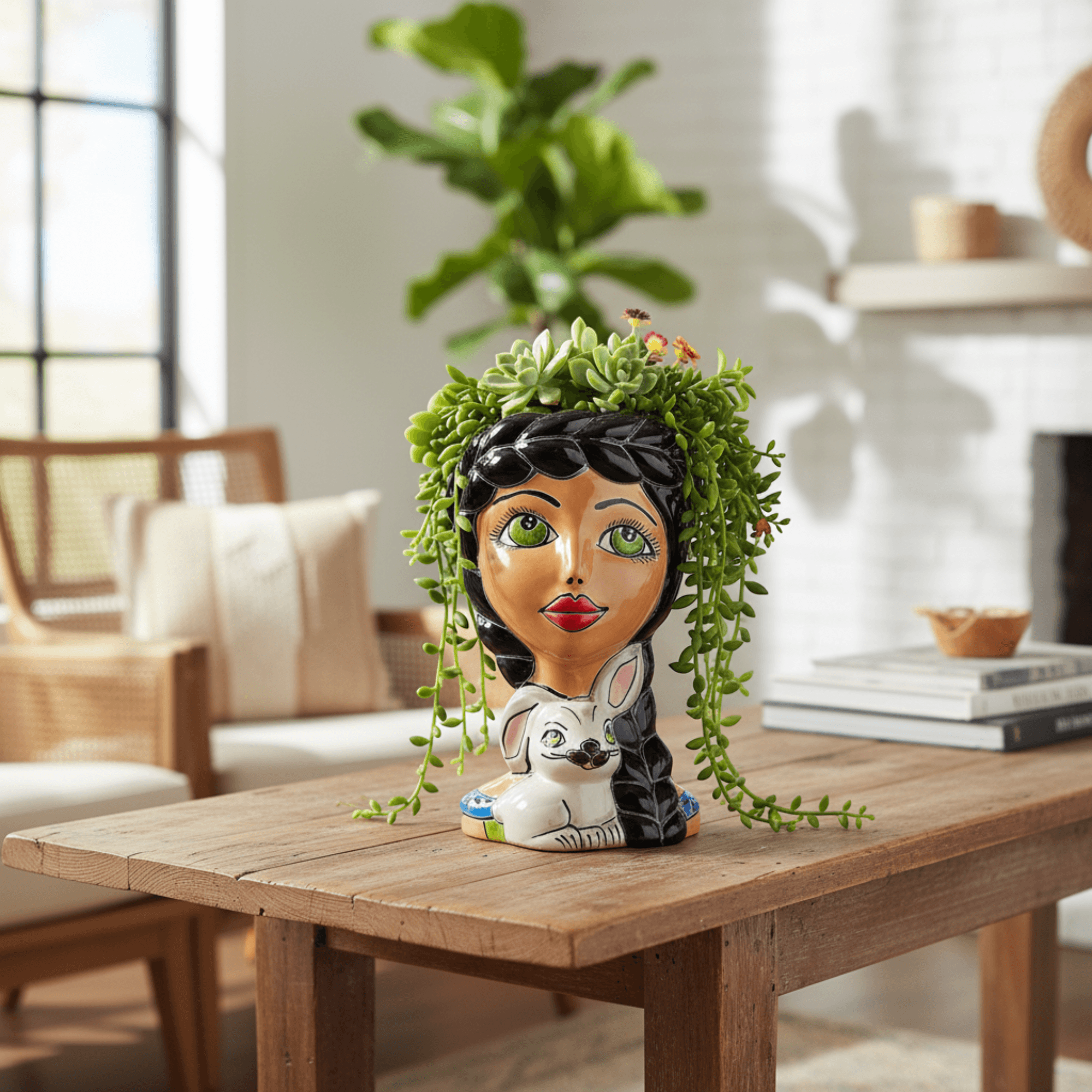 Talavera Lady & Bunny Planter | Colorful Mexican Decor