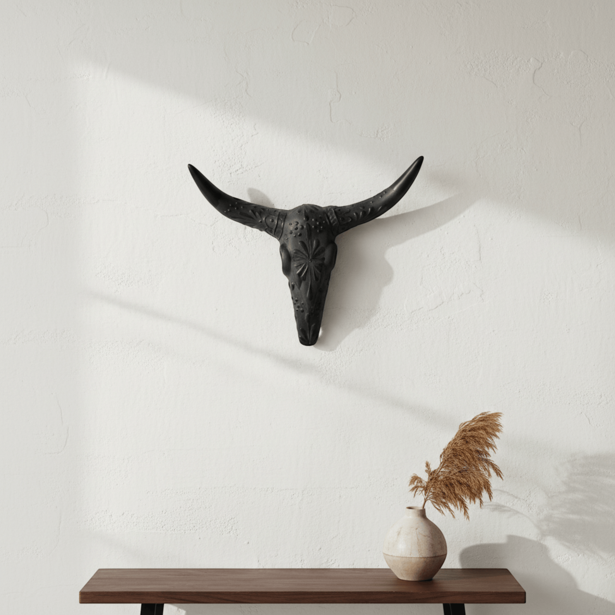 Talavera Longhorn Wall Art | Matte Black Bull Skull Decor