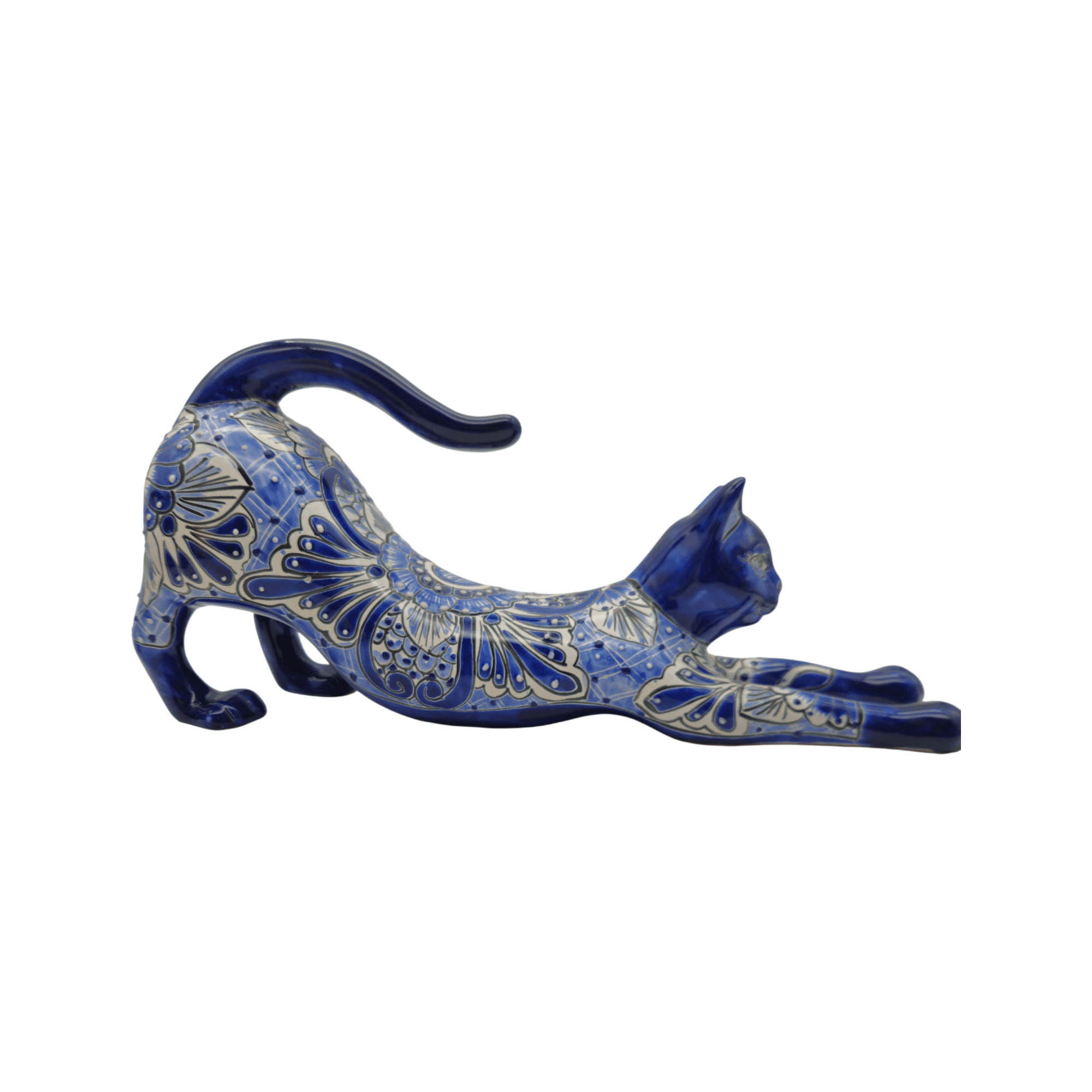 Talavera Stretching Cat Statue | Blue & White Floral Design