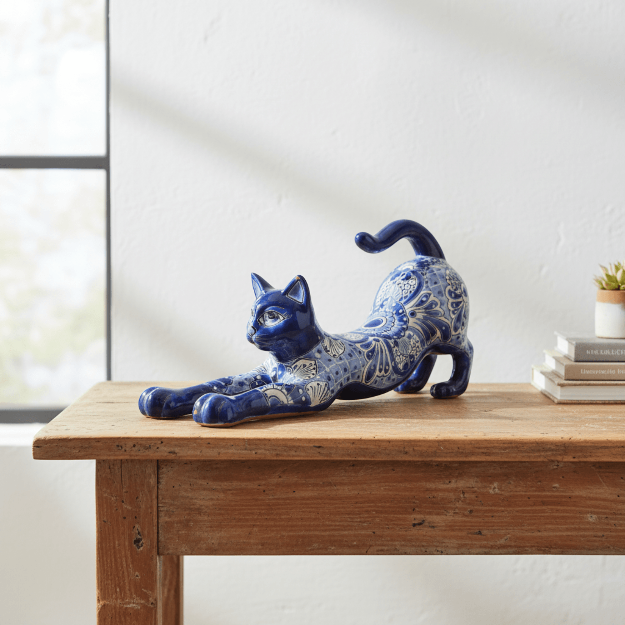 Talavera Stretching Cat Statue | Blue & White Floral Design