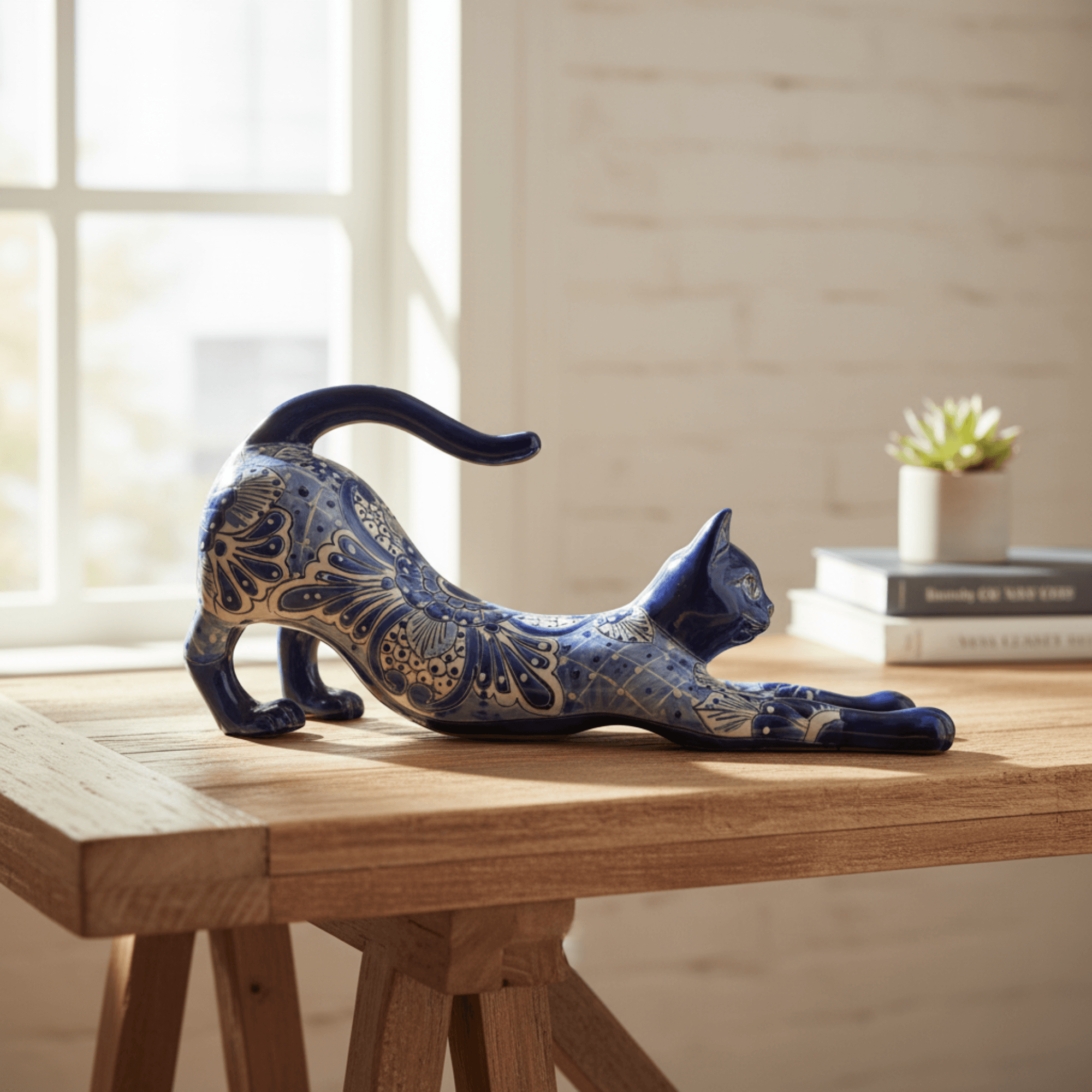 Talavera Stretching Cat Statue | Blue & White Floral Design