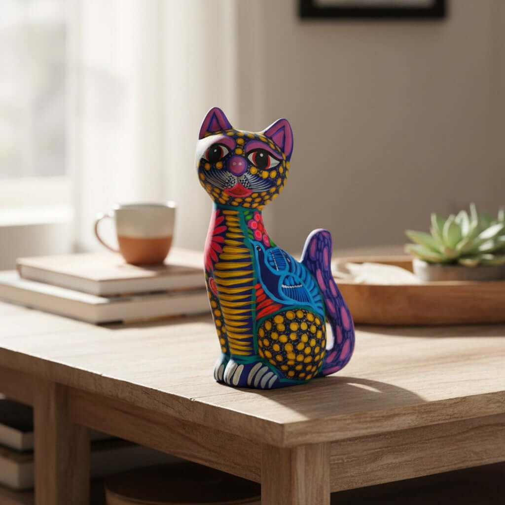 Alebrije Sitting Cat Statue | Hand-Painted Artwork