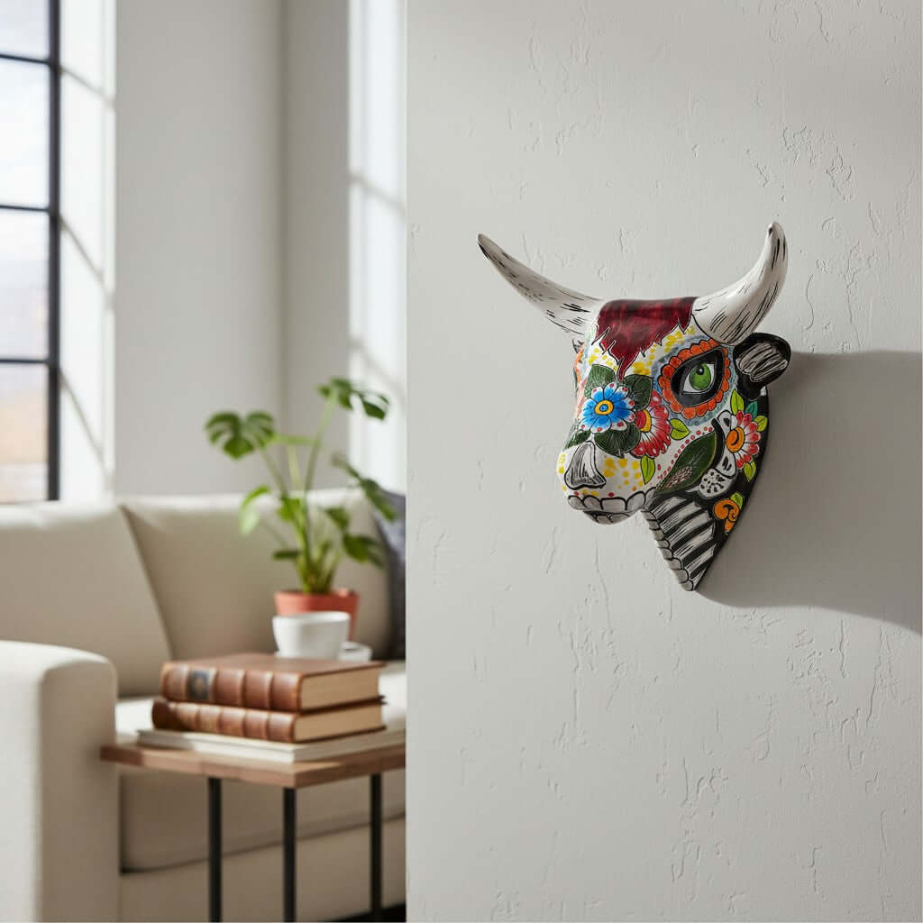 Talavera Bull Skull Wall Art | Day of the Dead Decor